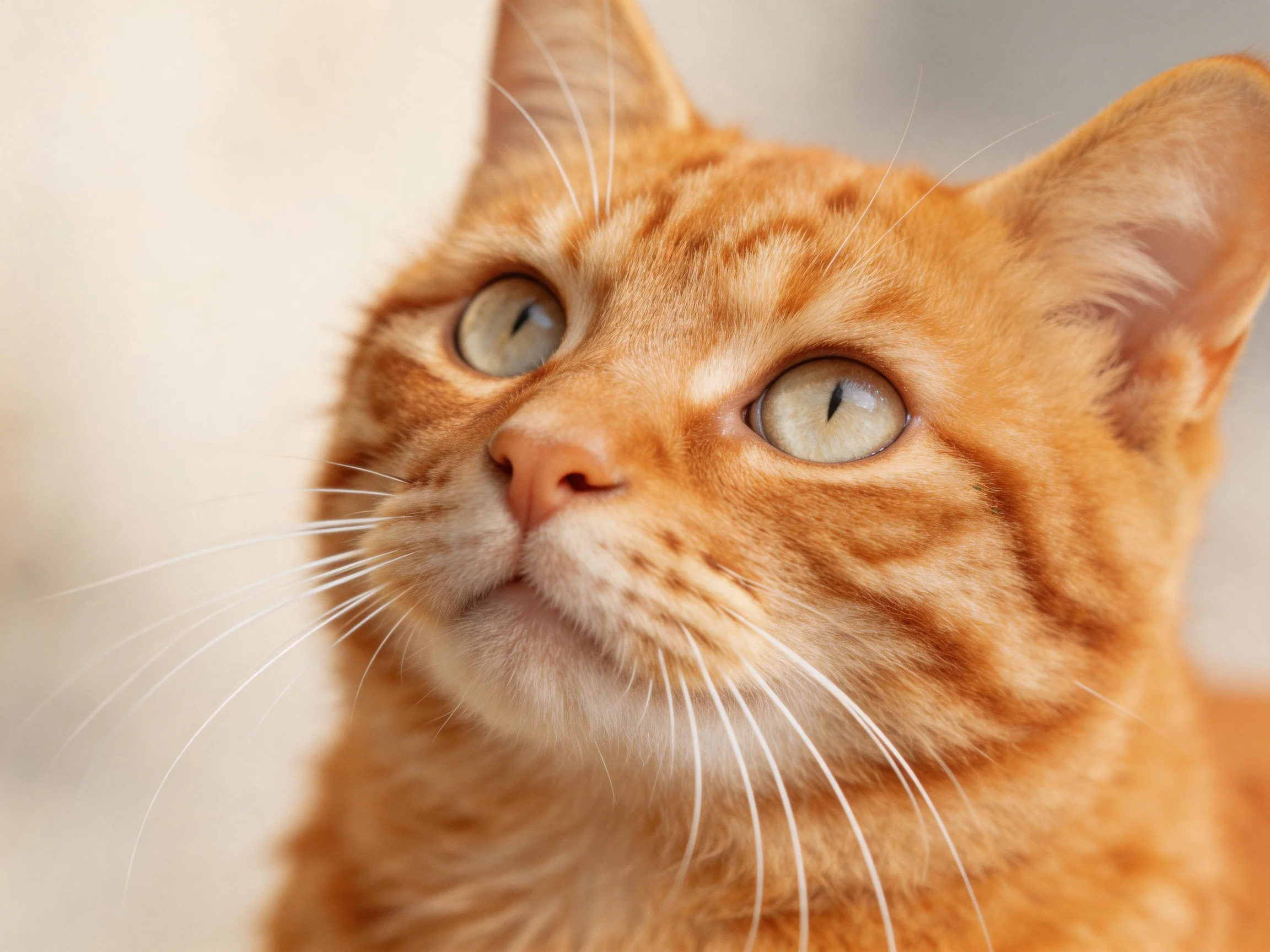 An orange tabby cat gazes upward with wide green eyes.
