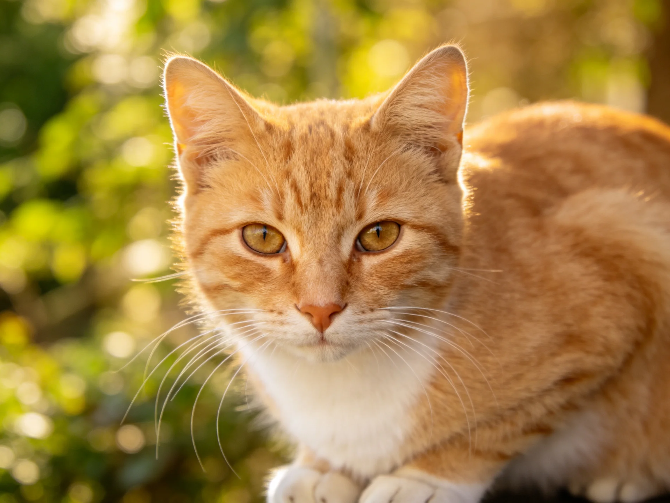 An orange tabby cat with white paws sits in a sunlit outdoor area.