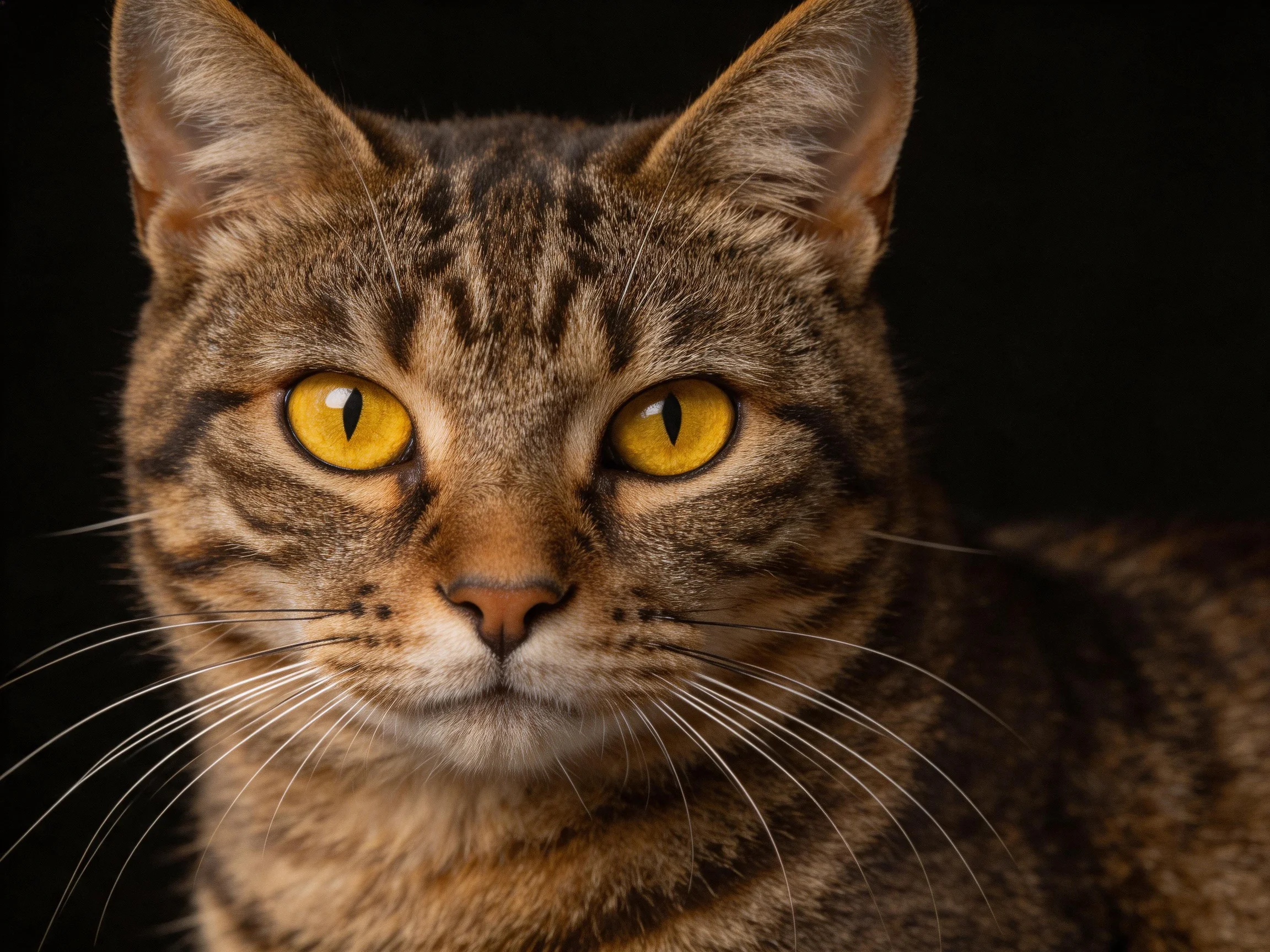A close-up shows a brown tabby cat with striking yellow eyes.