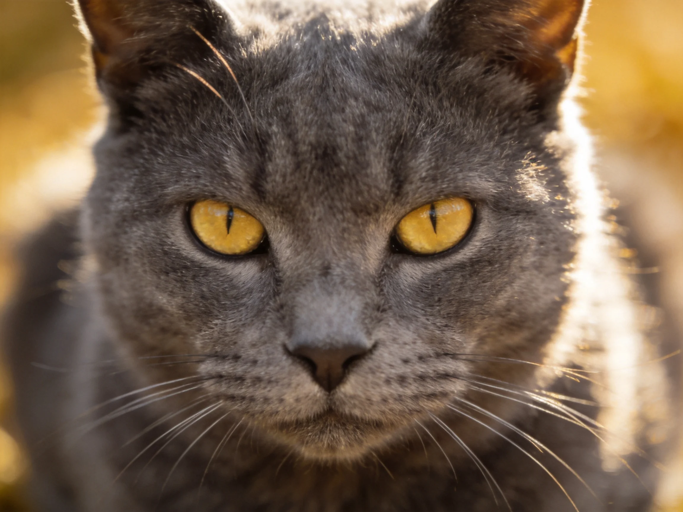 A close-up portrait of a gray cat with bright yellow eyes
