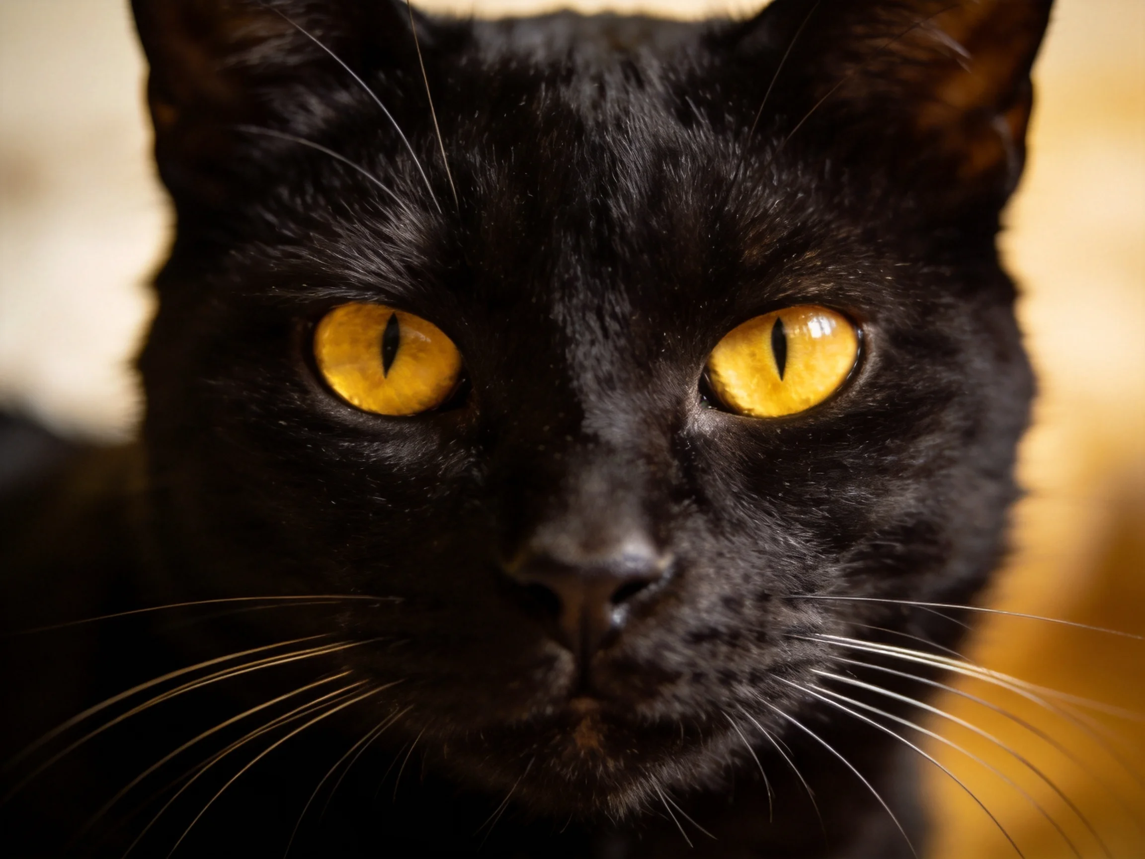 A sleek black cat gazes directly at the camera with vivid yellow eyes.