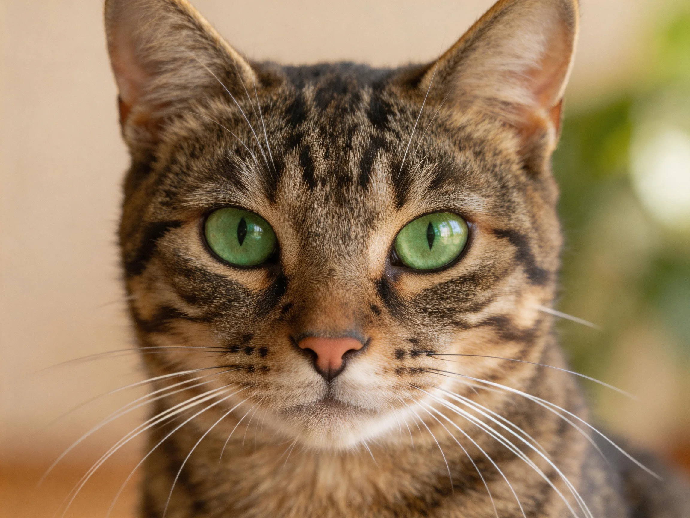 A tabby cat with vibrant green eyes is featured in a close-up photograph.
