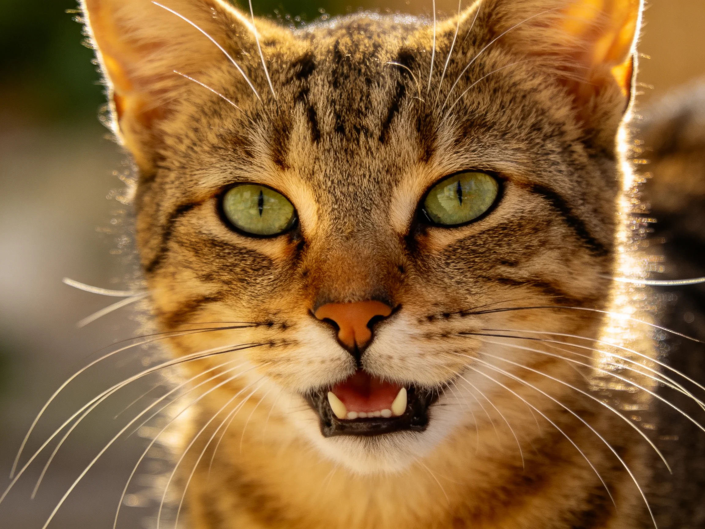 A close - up shows a tabby cat with green eyes and striped fur.