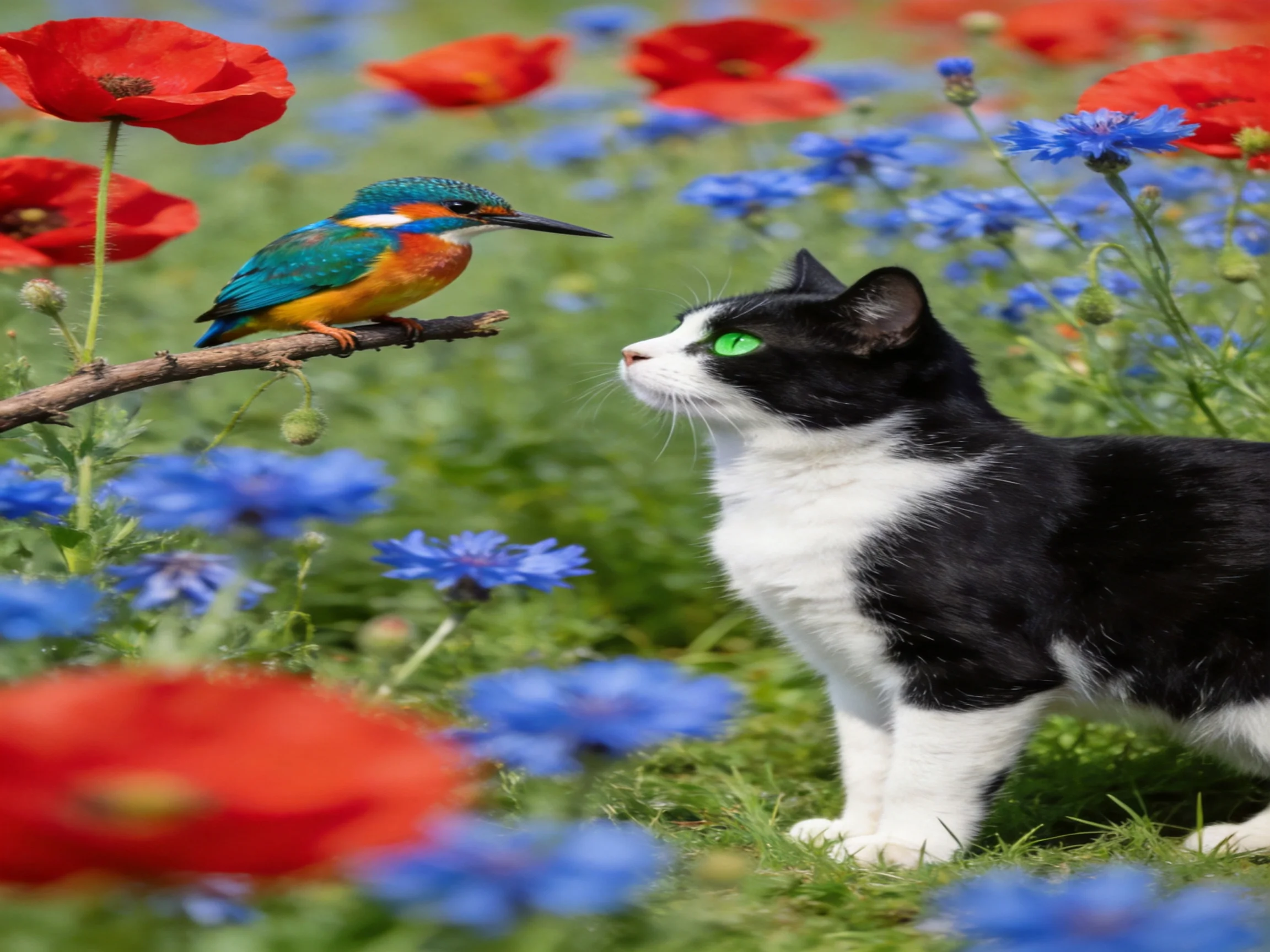 A colorful kingfisher perches near a black-and-white cat amid vibrant poppies and cornflowers