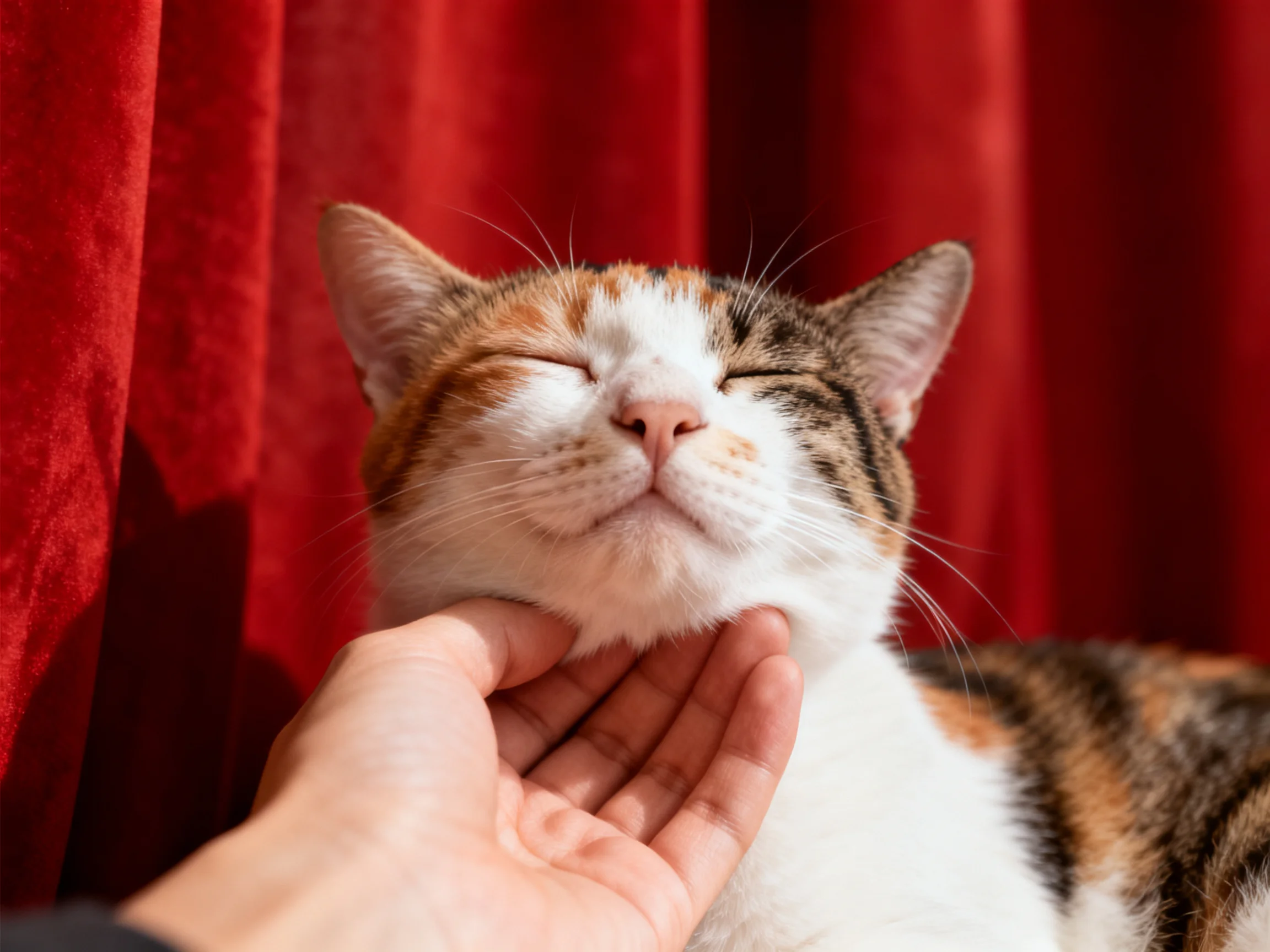 A content calico cat being petted beside a vibrant red curtain