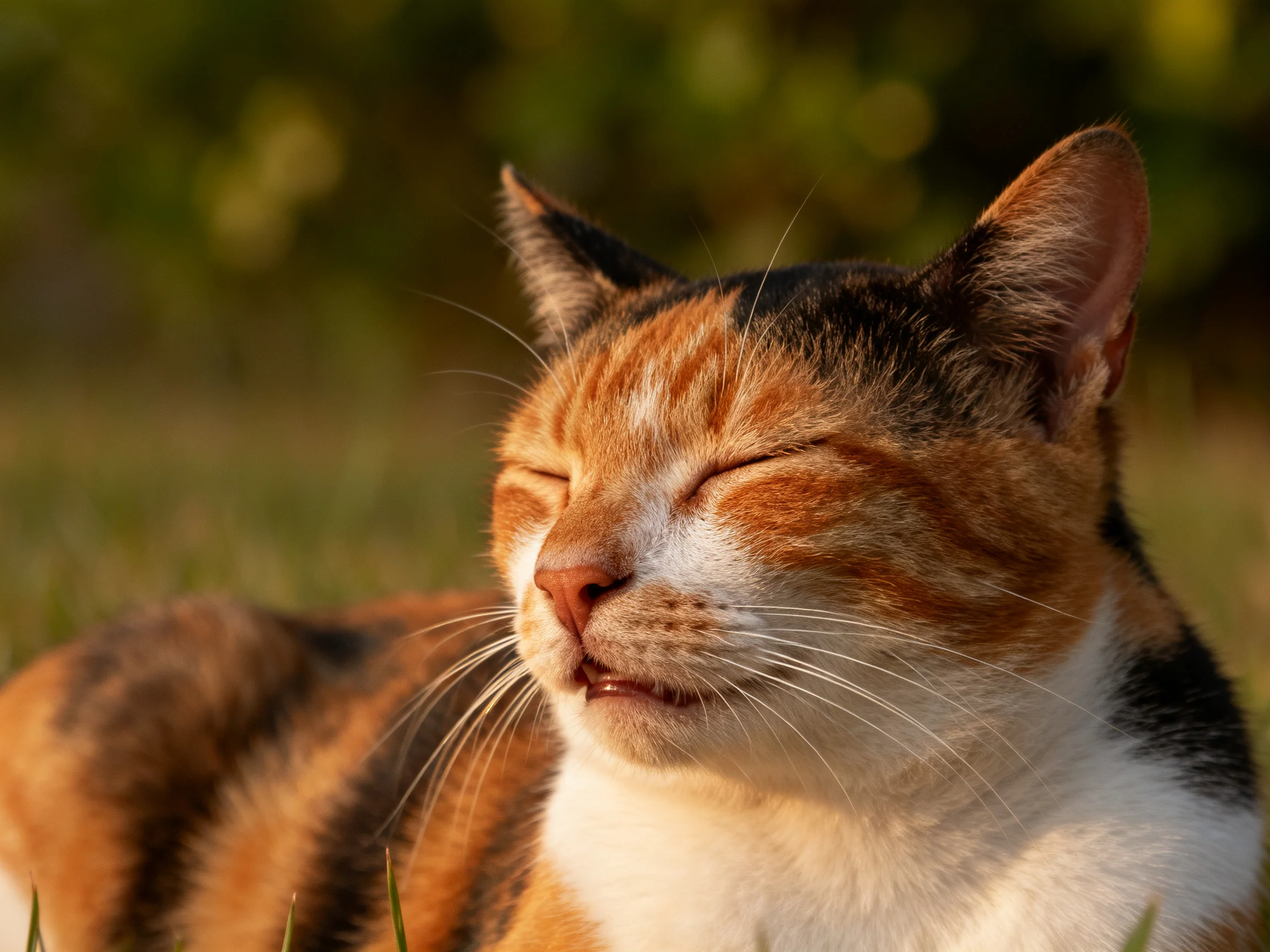 A content calico cat enjoying golden sunlight on grass
