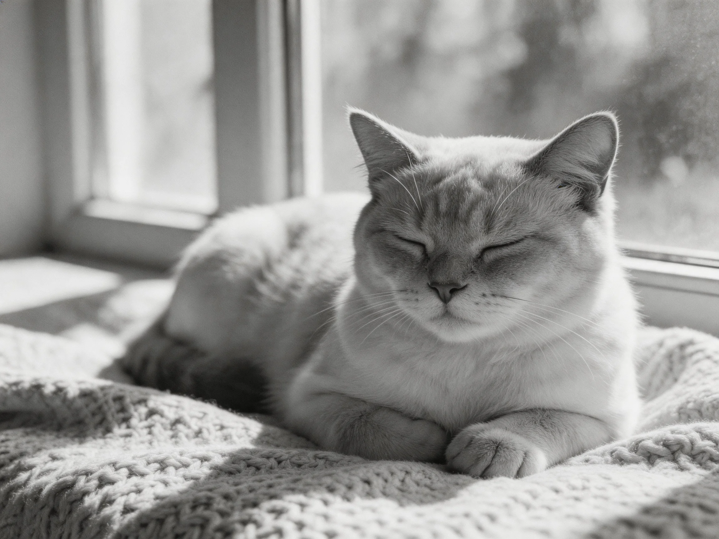 A content cat resting on a knitted blanket by a sunlit window