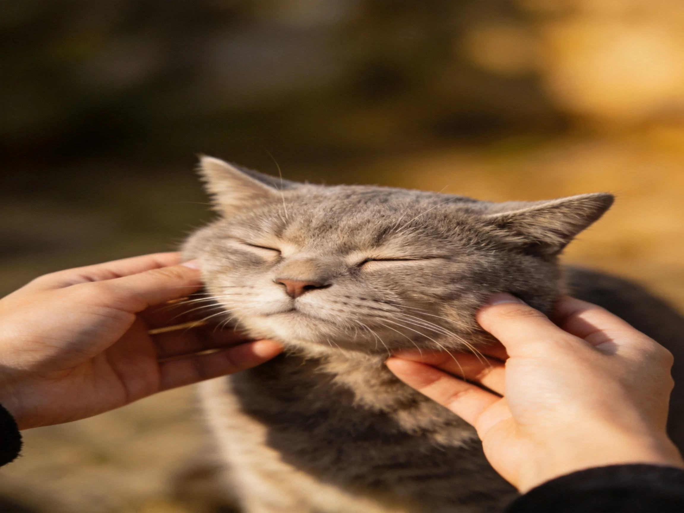 A content gray cat being gently petted by two hands