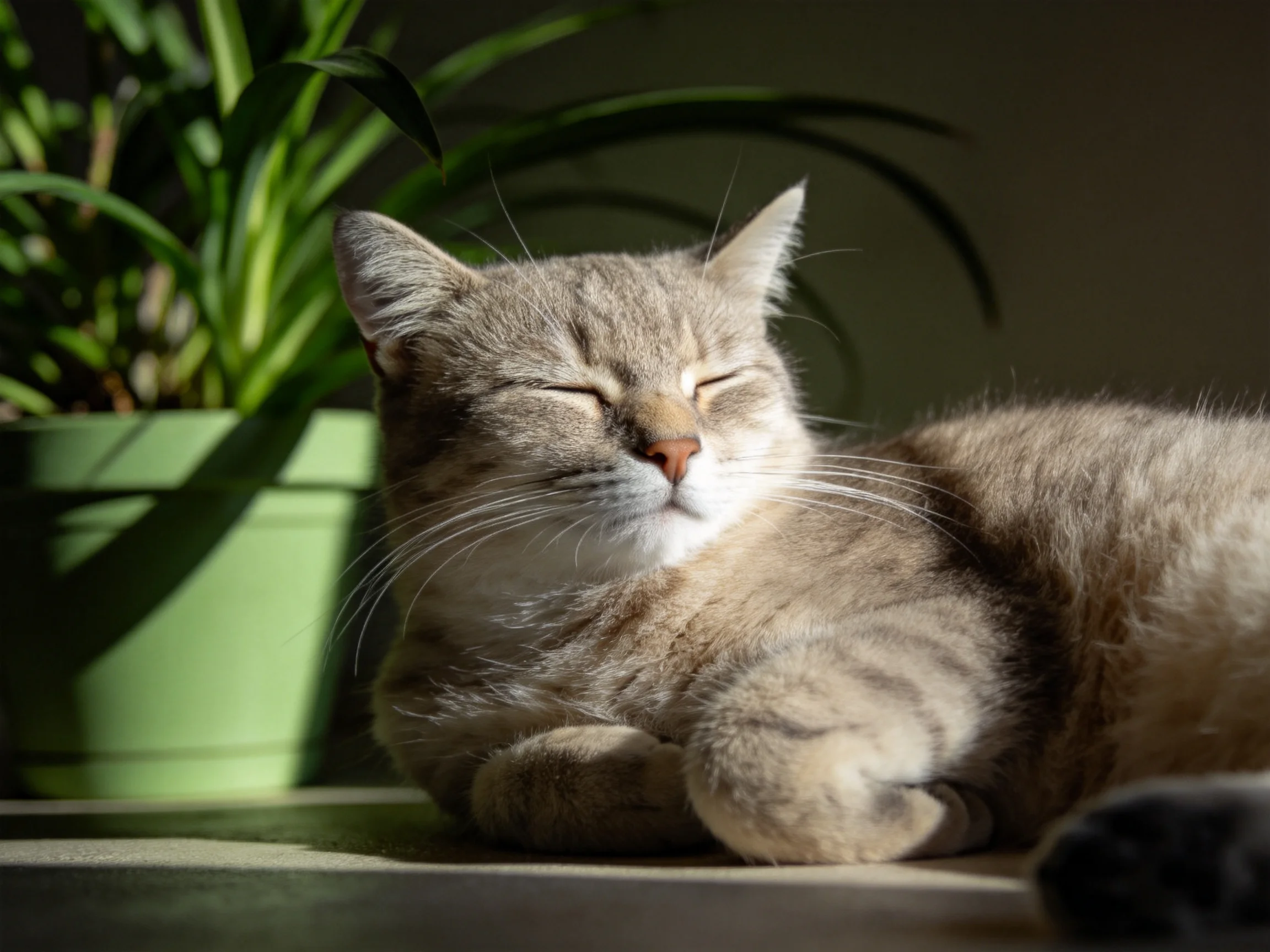 A content gray tabby cat napping beside a green potted plant