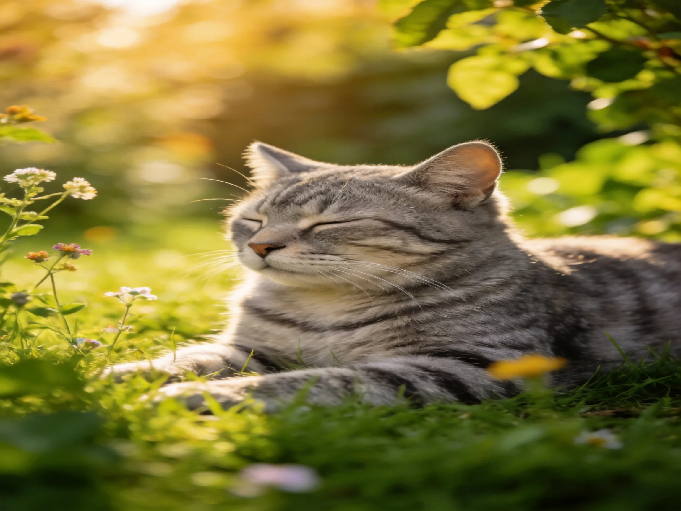 A content gray tabby cat relaxes amid greenery and wildflowers under golden sunlight