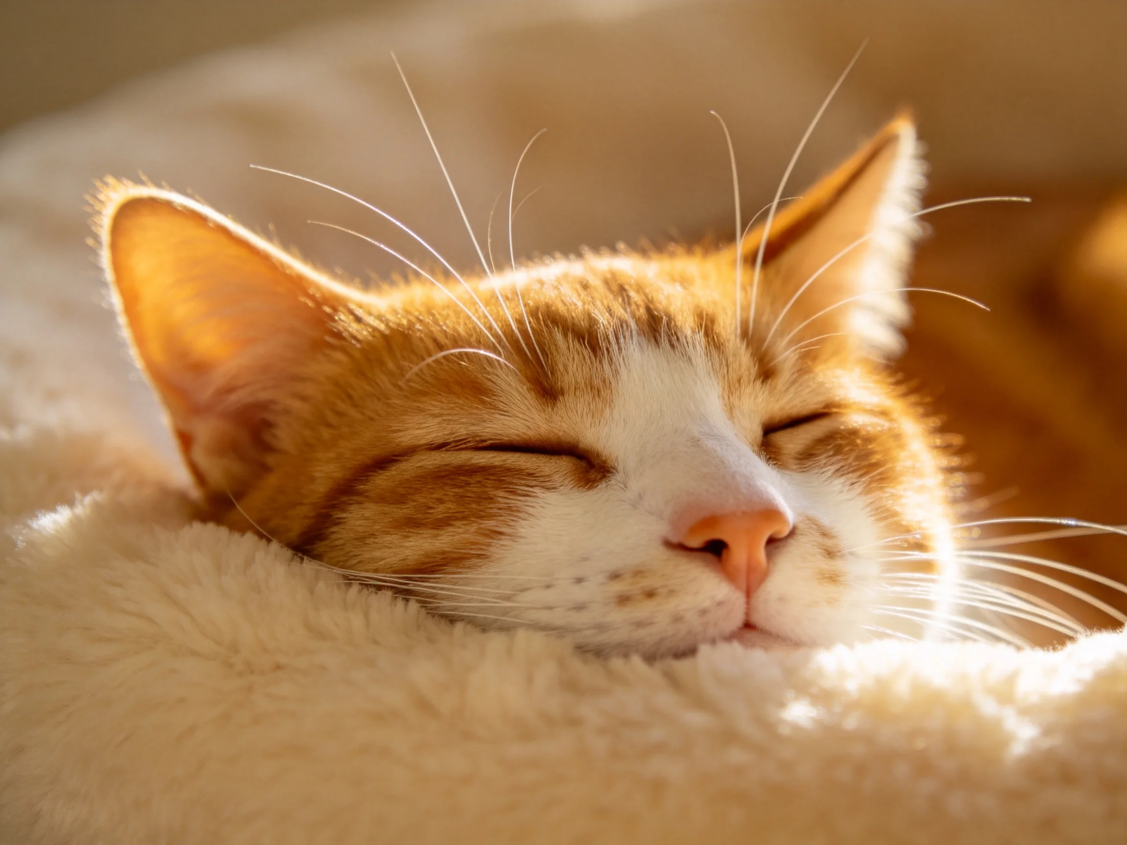 A content orange-and-white cat naps on a soft cream blanket