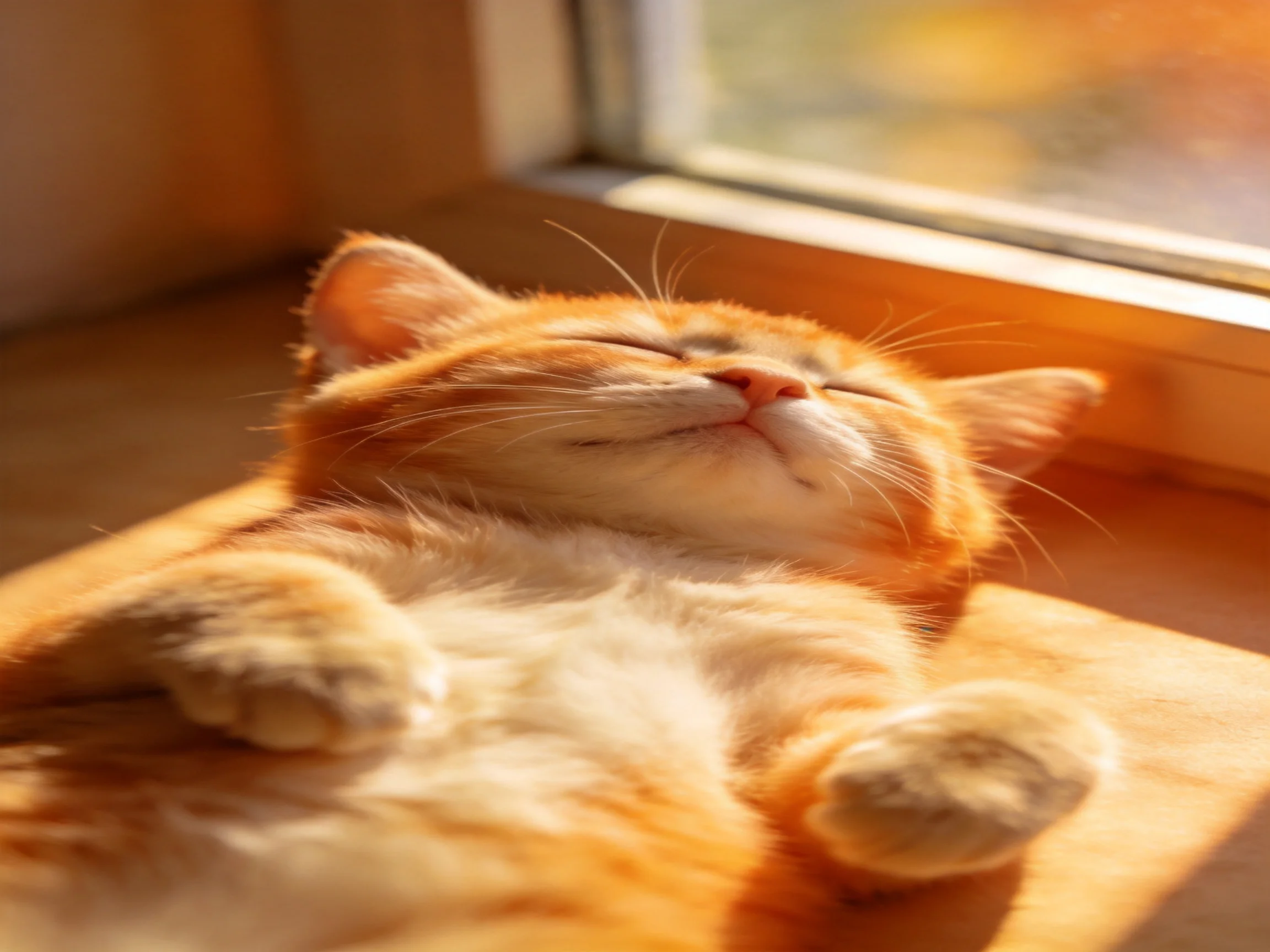 A content orange kitten napping in warm sunlight near a window