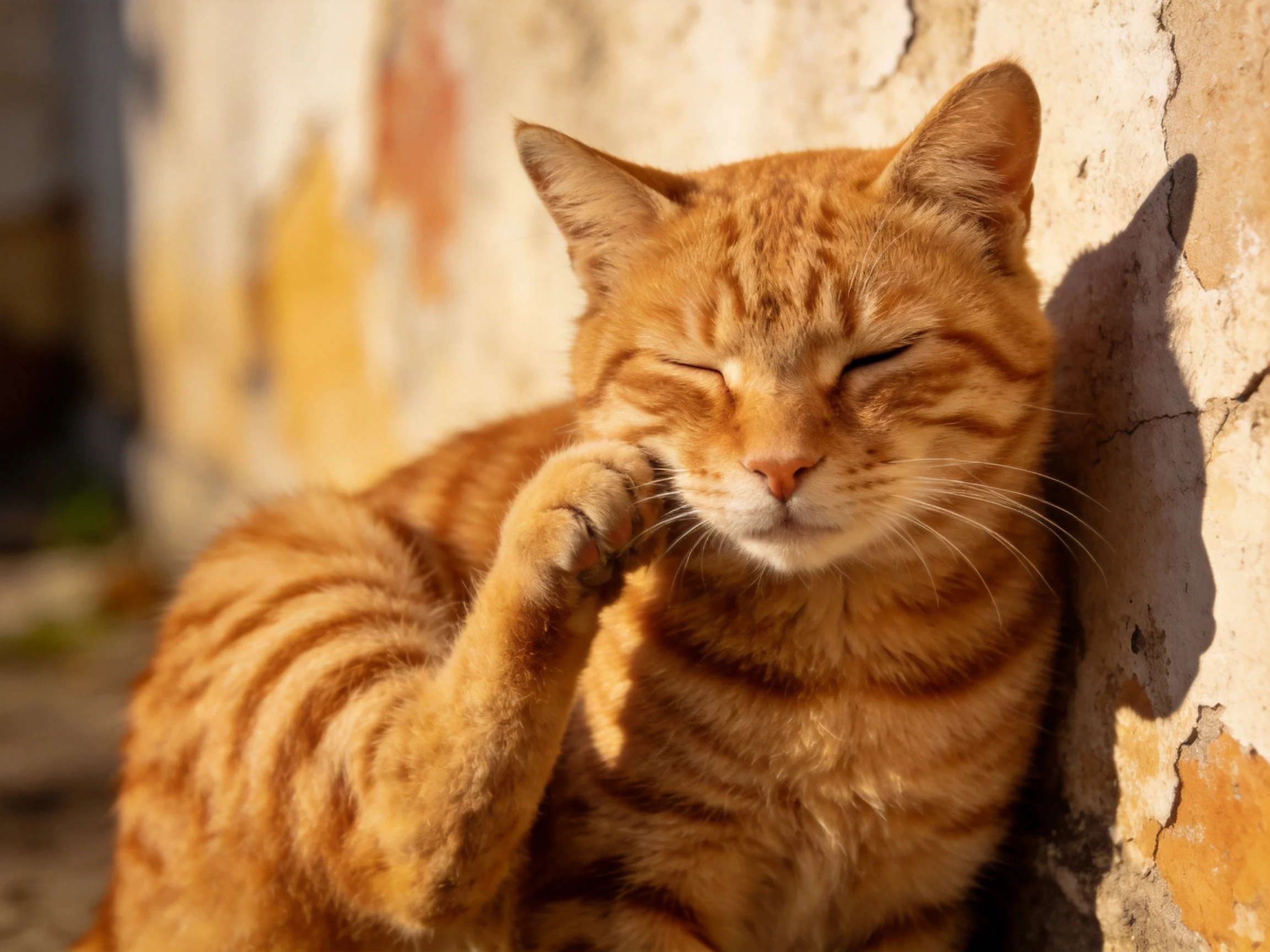 A content orange tabby cat grooming beside a peeling stone wall