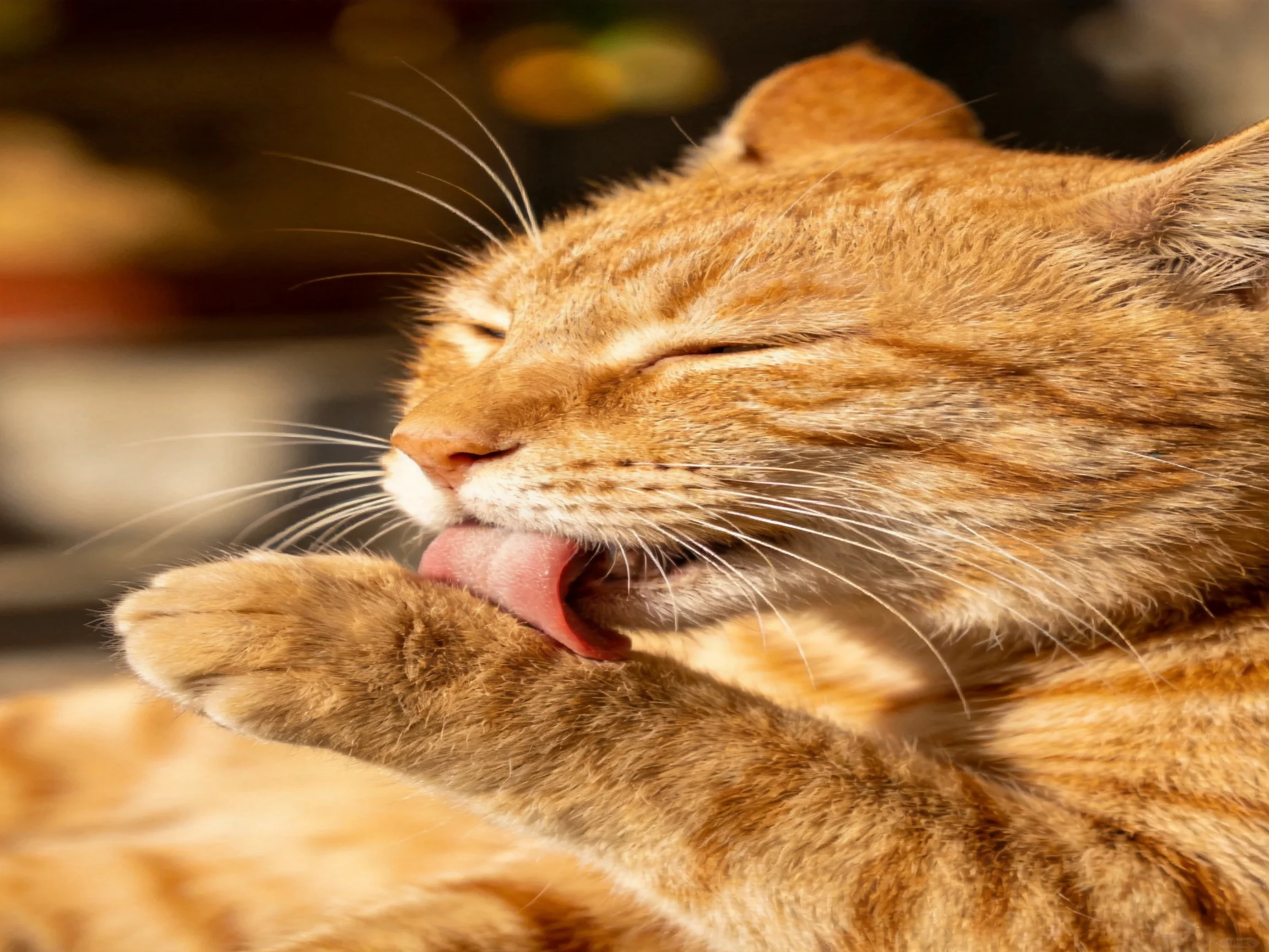 A content orange tabby cat grooms its paw with eyes closed