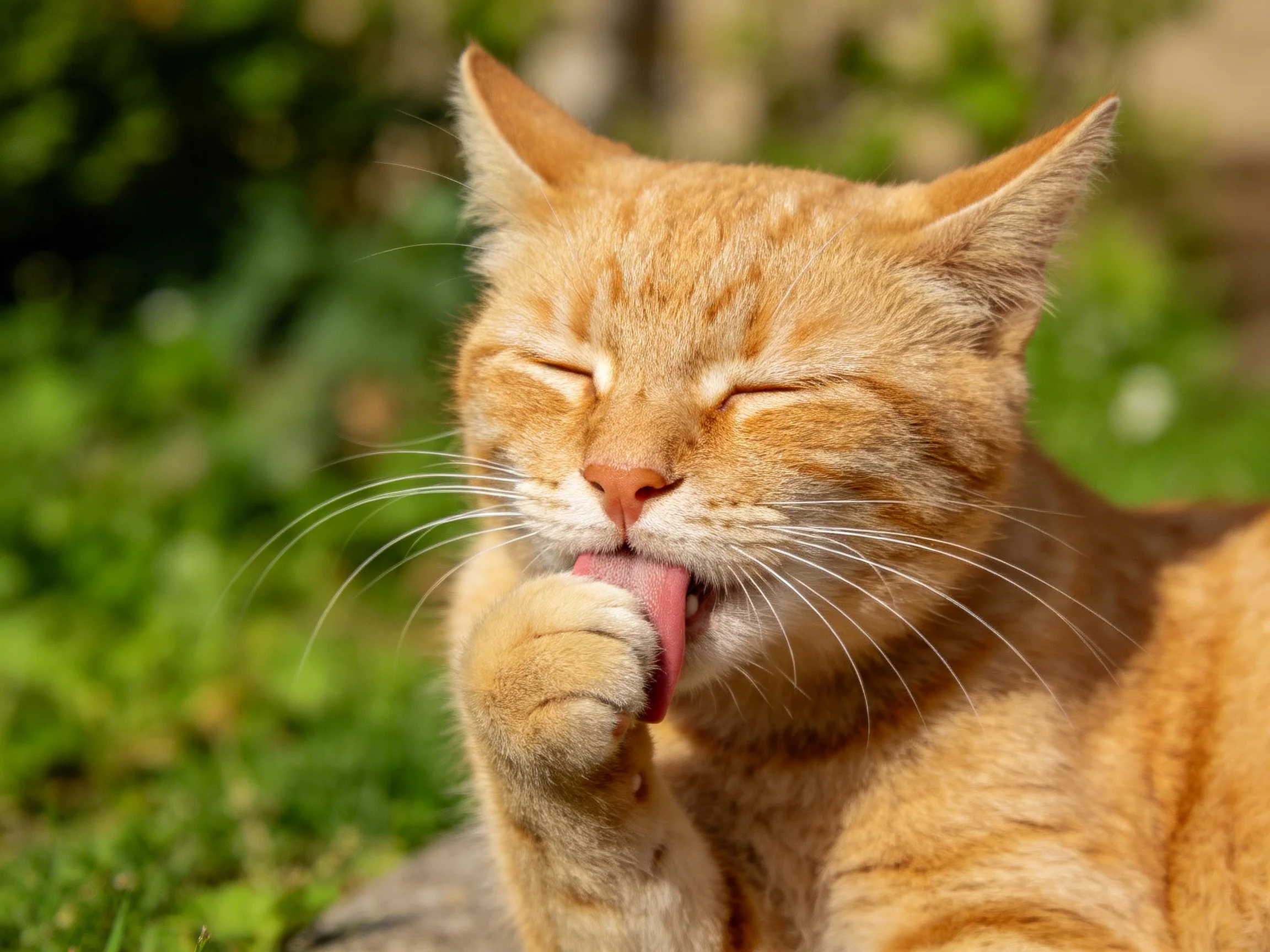 A content orange tabby cat grooms itself in a sun-drenched garden