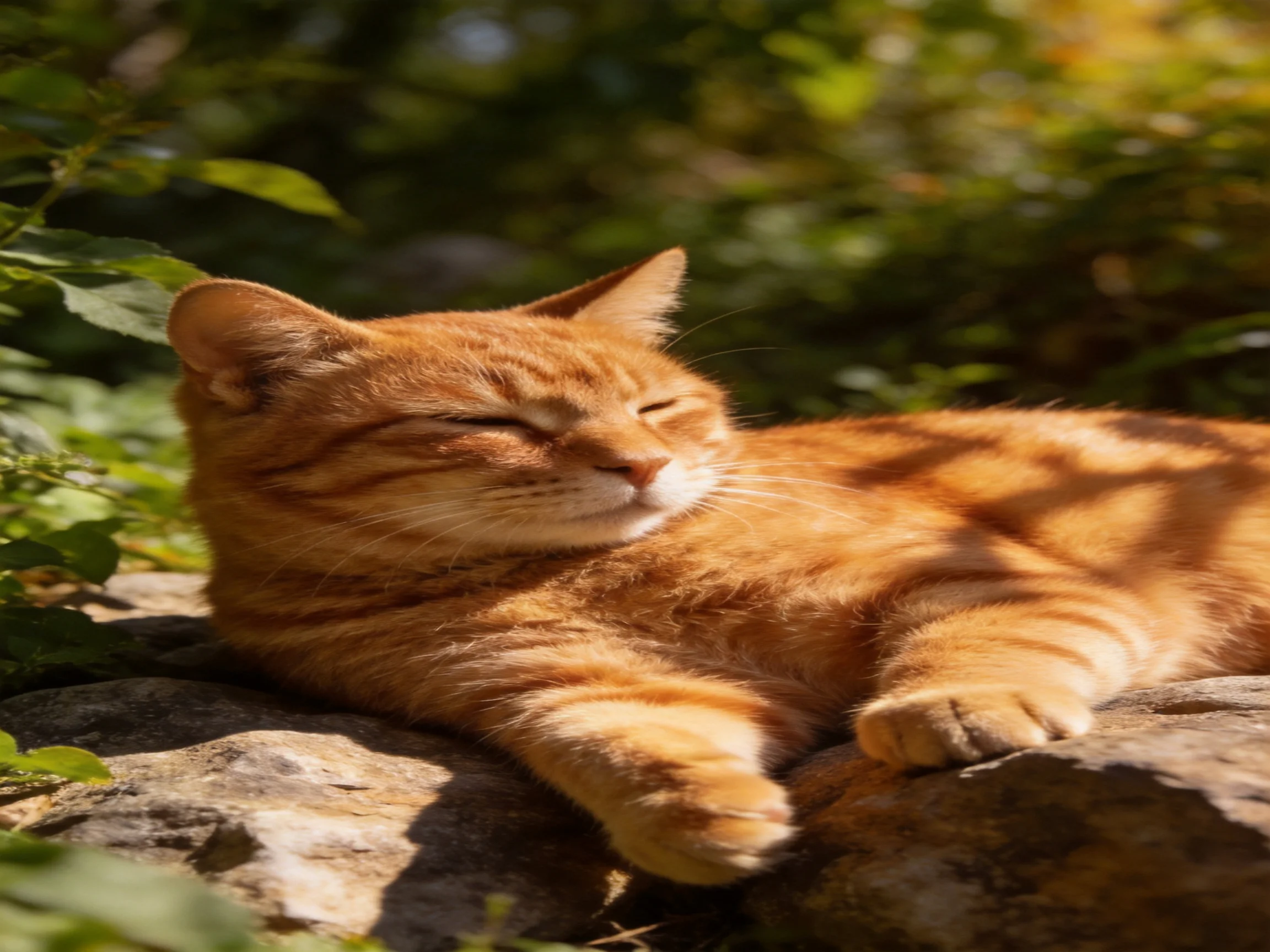 A content orange tabby cat napping on sun-warmed rocks amid lush greenery