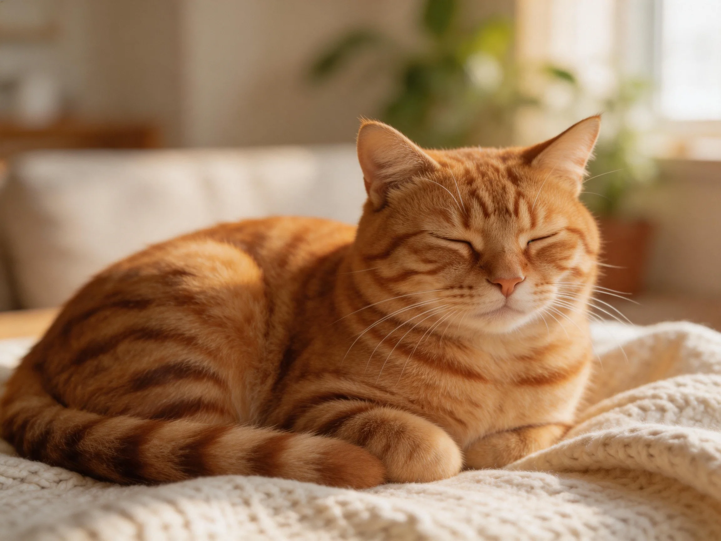 A content orange tabby cat relaxes on a cream knit blanket by a sunlit window