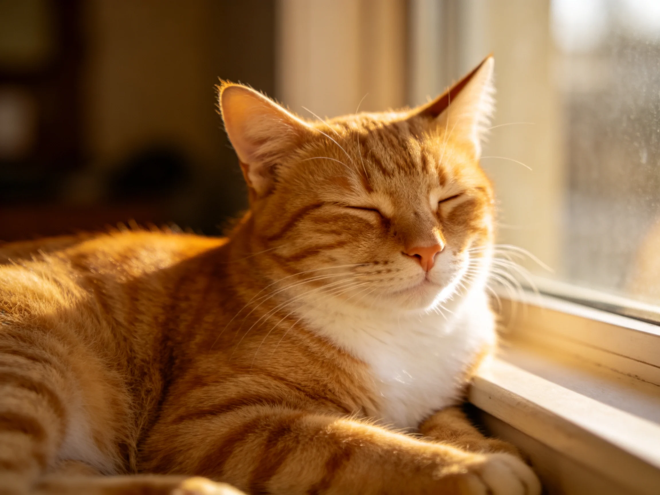 A content orange tabby cat resting by a sunlit windowsill