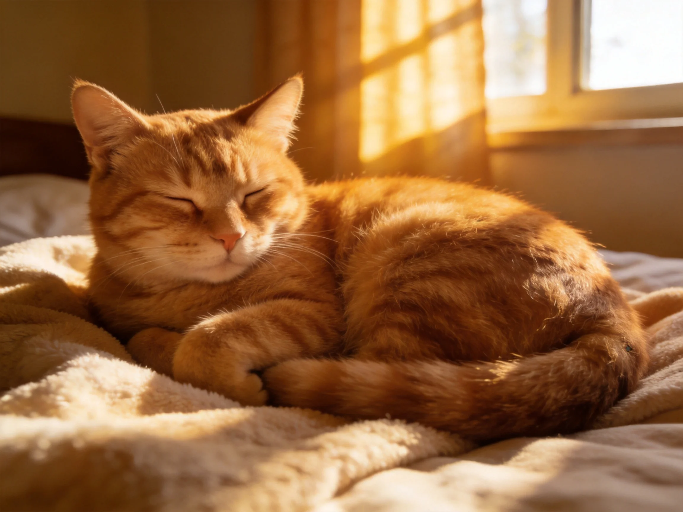 A content orange tabby cat resting on a soft bed near sunlit windows