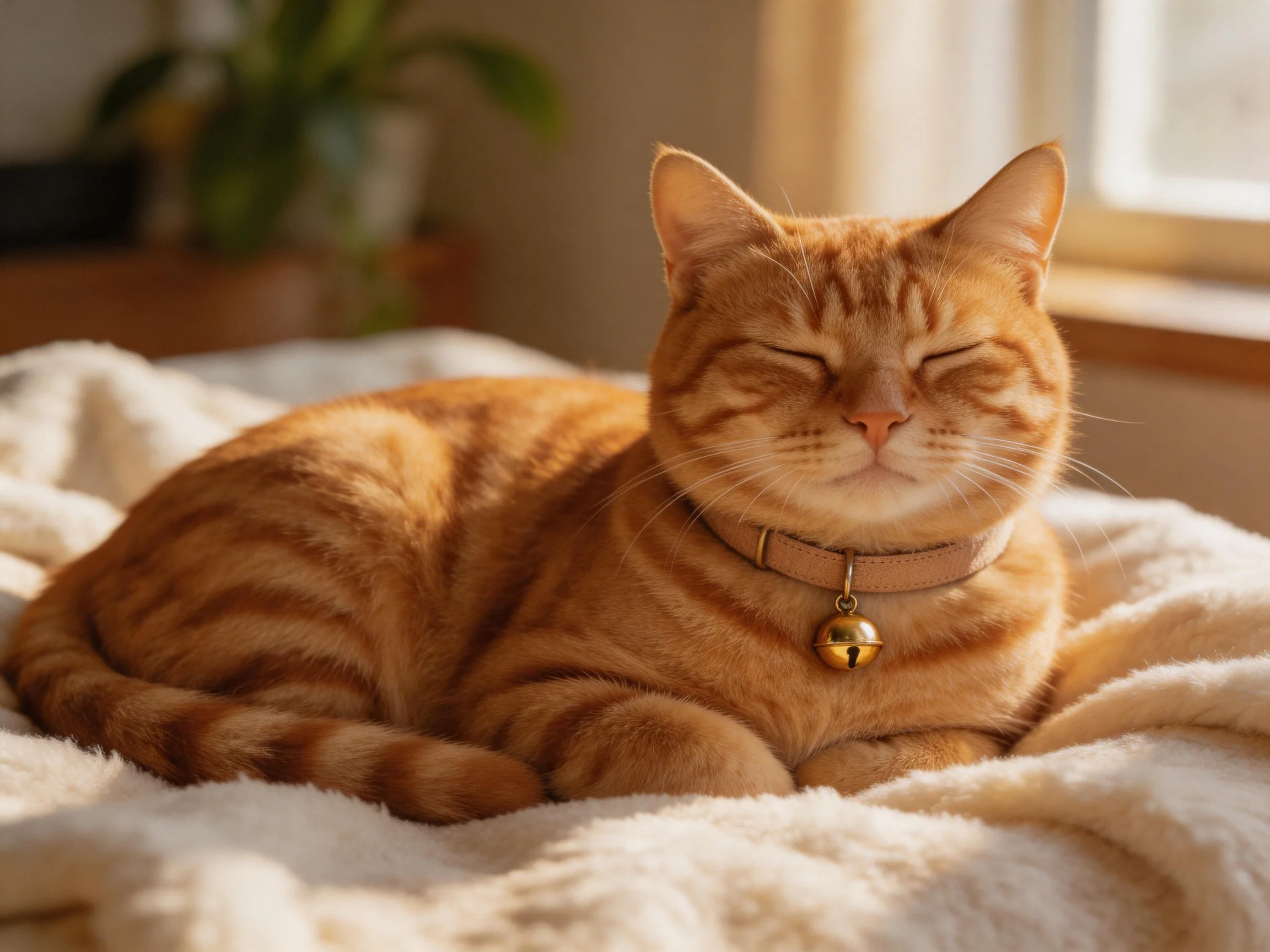 A content orange tabby cat resting on a soft cream blanket near a sunlit window