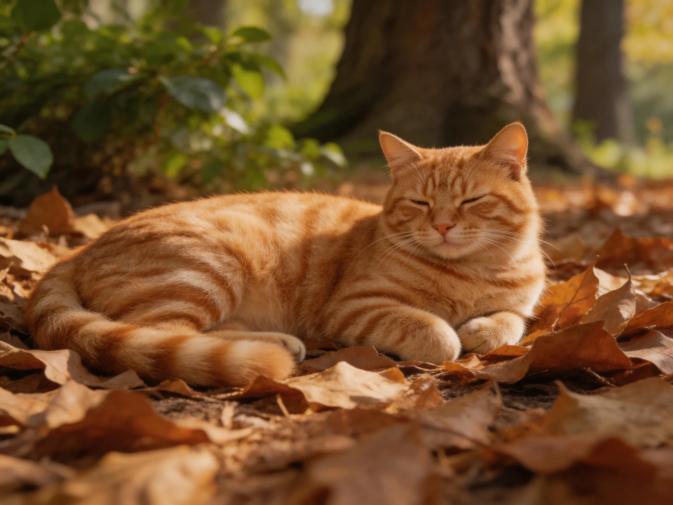 A content orange tabby cat rests among autumn leaves in a sunlit forest
