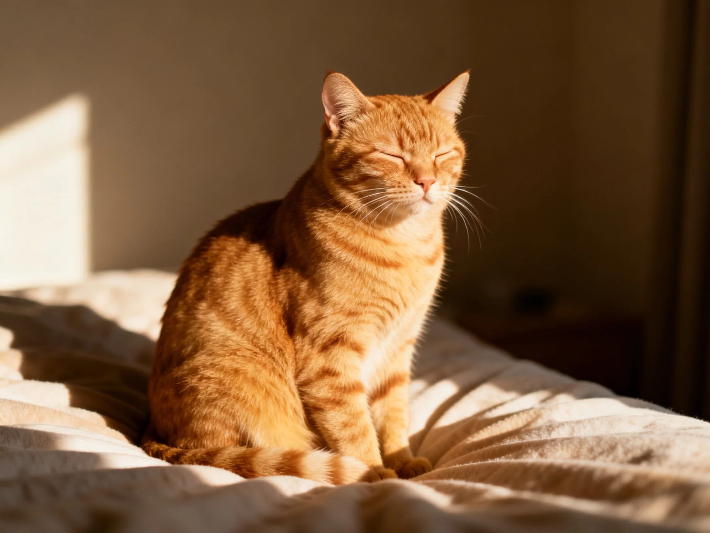 A content orange tabby cat sits basking in sunlight on a beige bedspread.