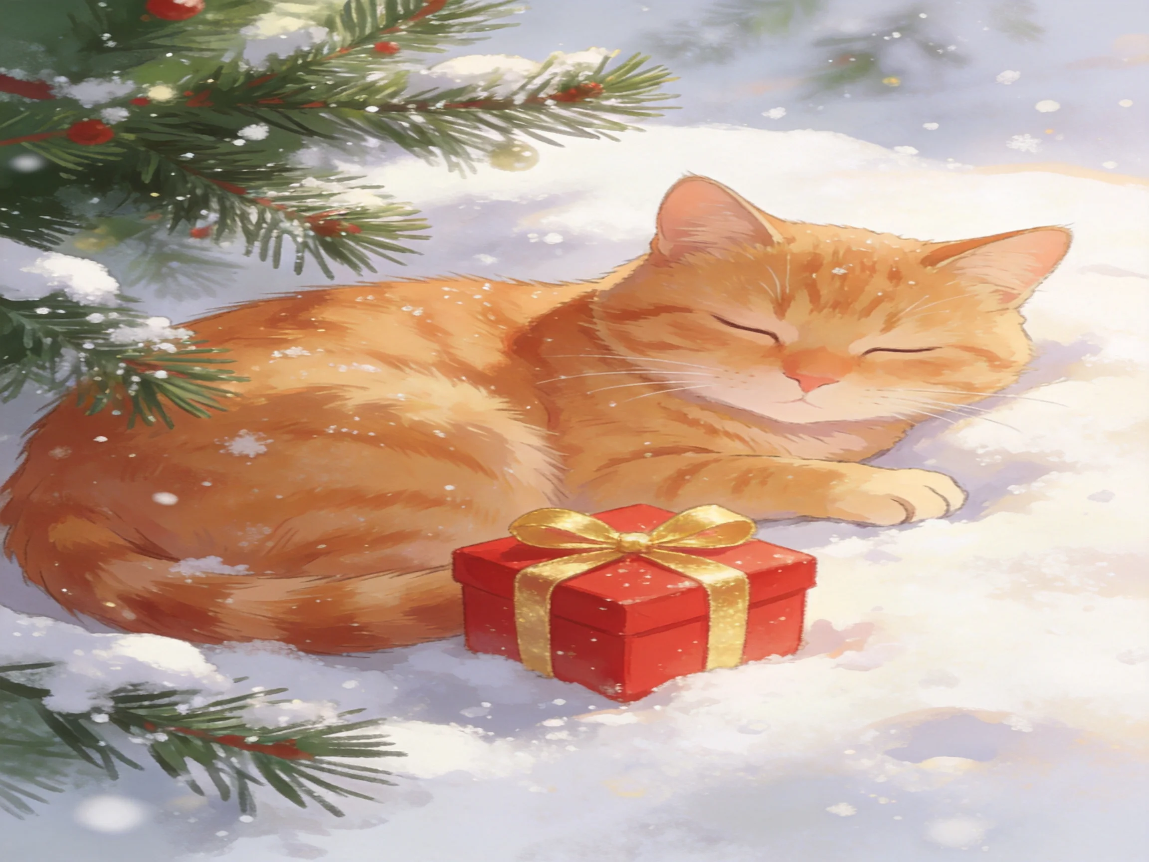 A content orange tabby sleeps beside a red gift box amid snowy evergreen branches