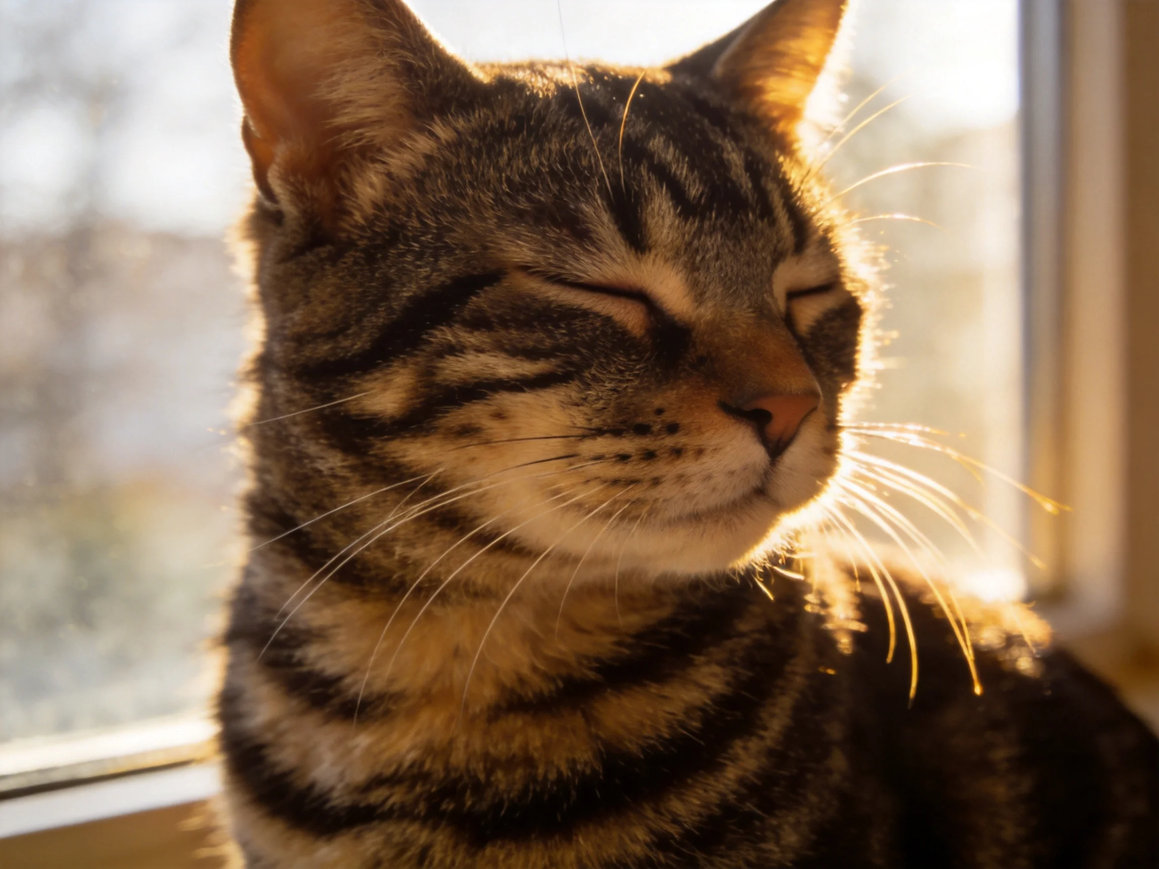 A content tabby cat basking in golden sunlight by a bright window
