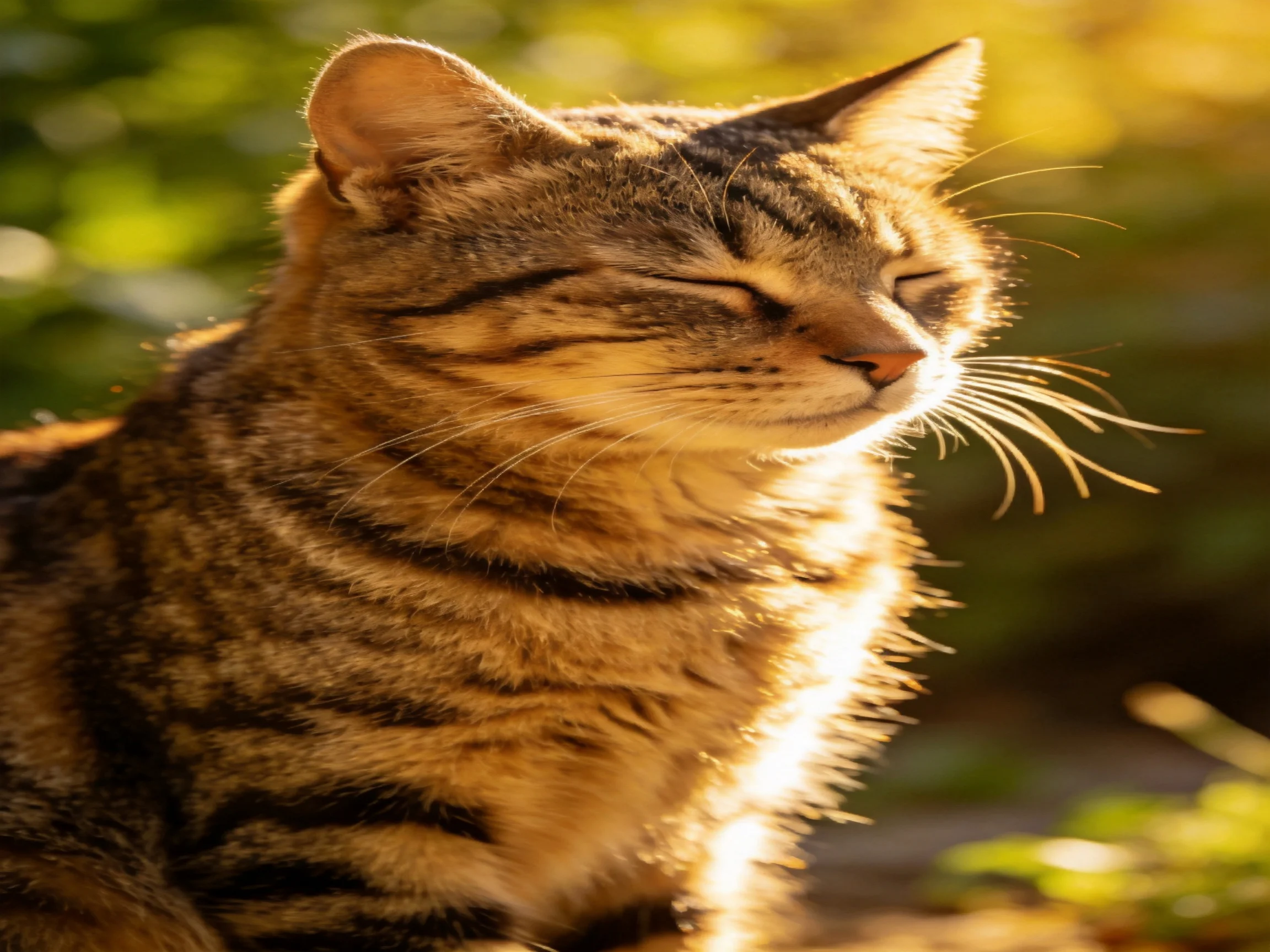 A content tabby cat bathed in golden outdoor sunlight