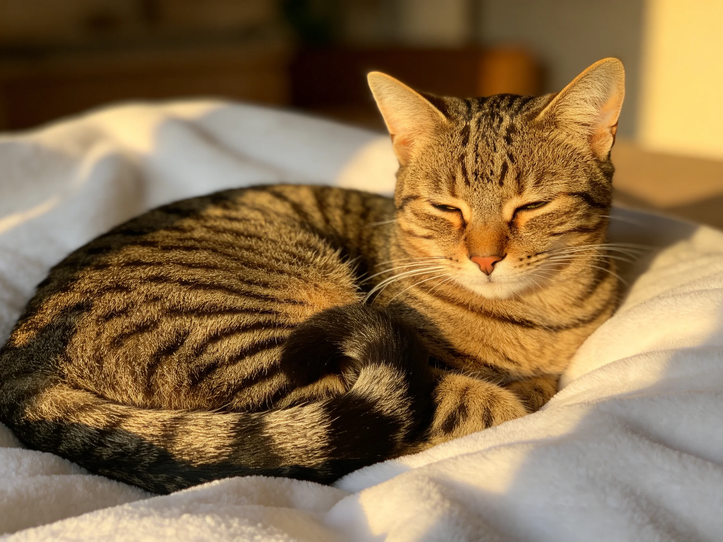 A content tabby cat curled up on a soft white blanket in golden sunlight