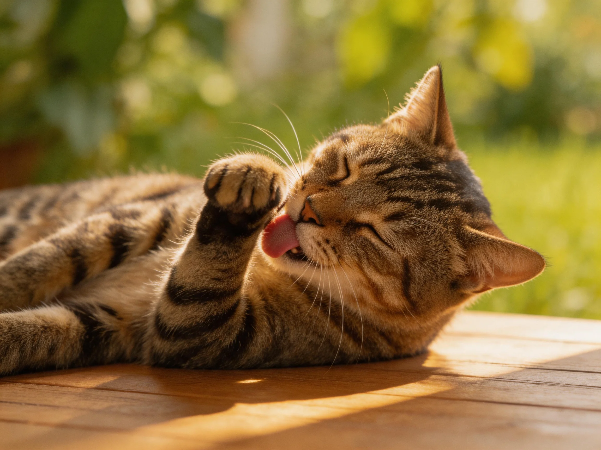 A content tabby cat grooms itself on a sunlit wooden surface