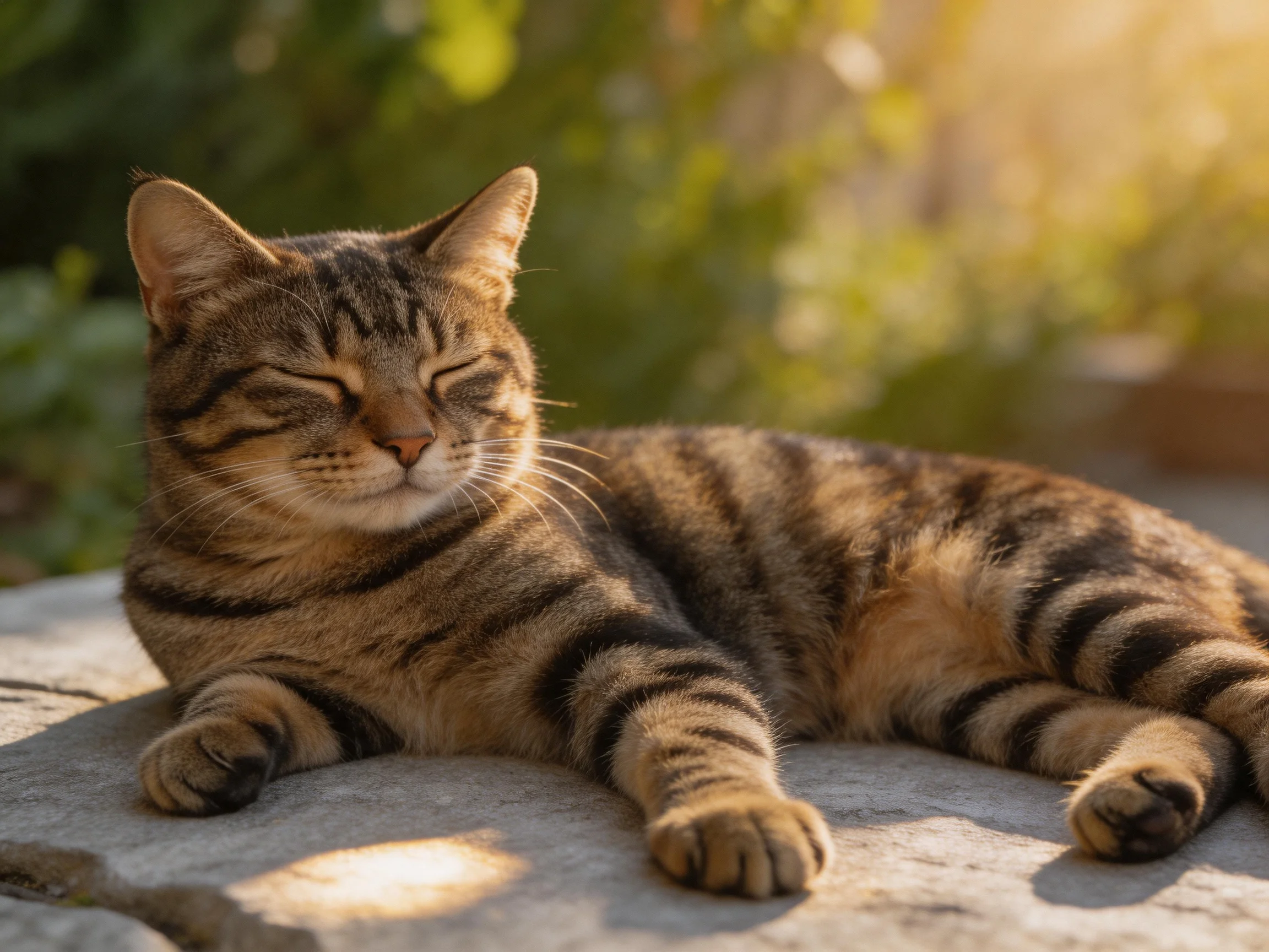 A content tabby cat lounges on a stone surface in golden sunlight