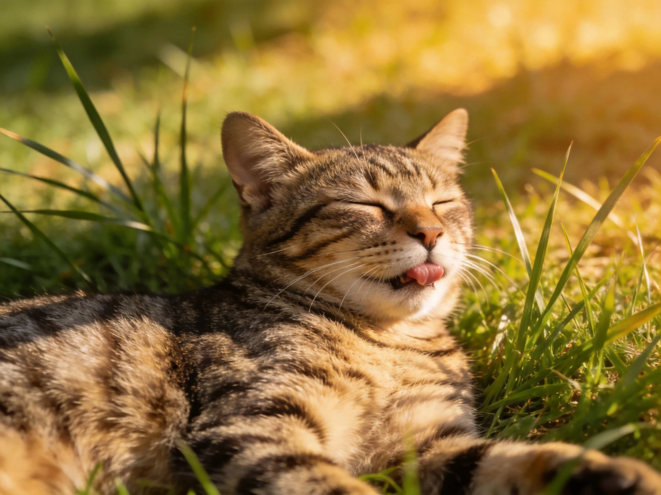 A content tabby cat lounging in sun-dappled green grass