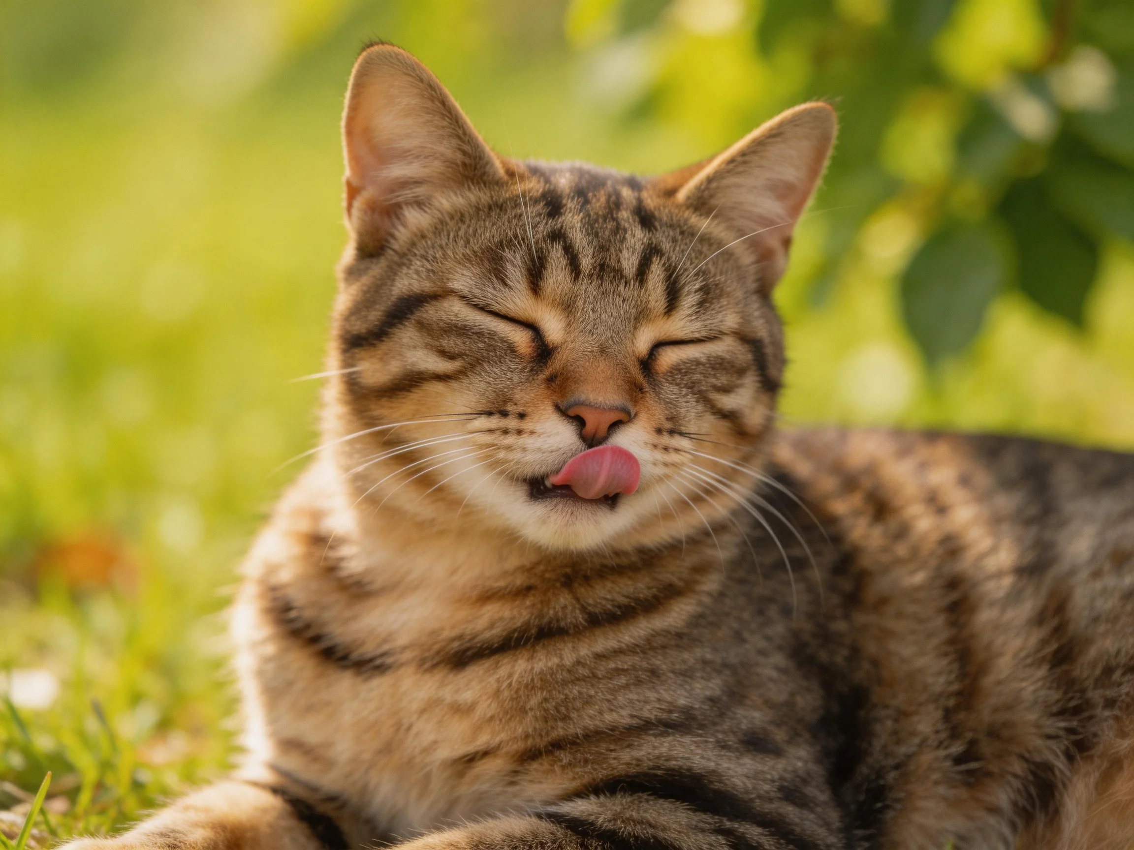 A content tabby cat lounging in sun-dappled green grass
