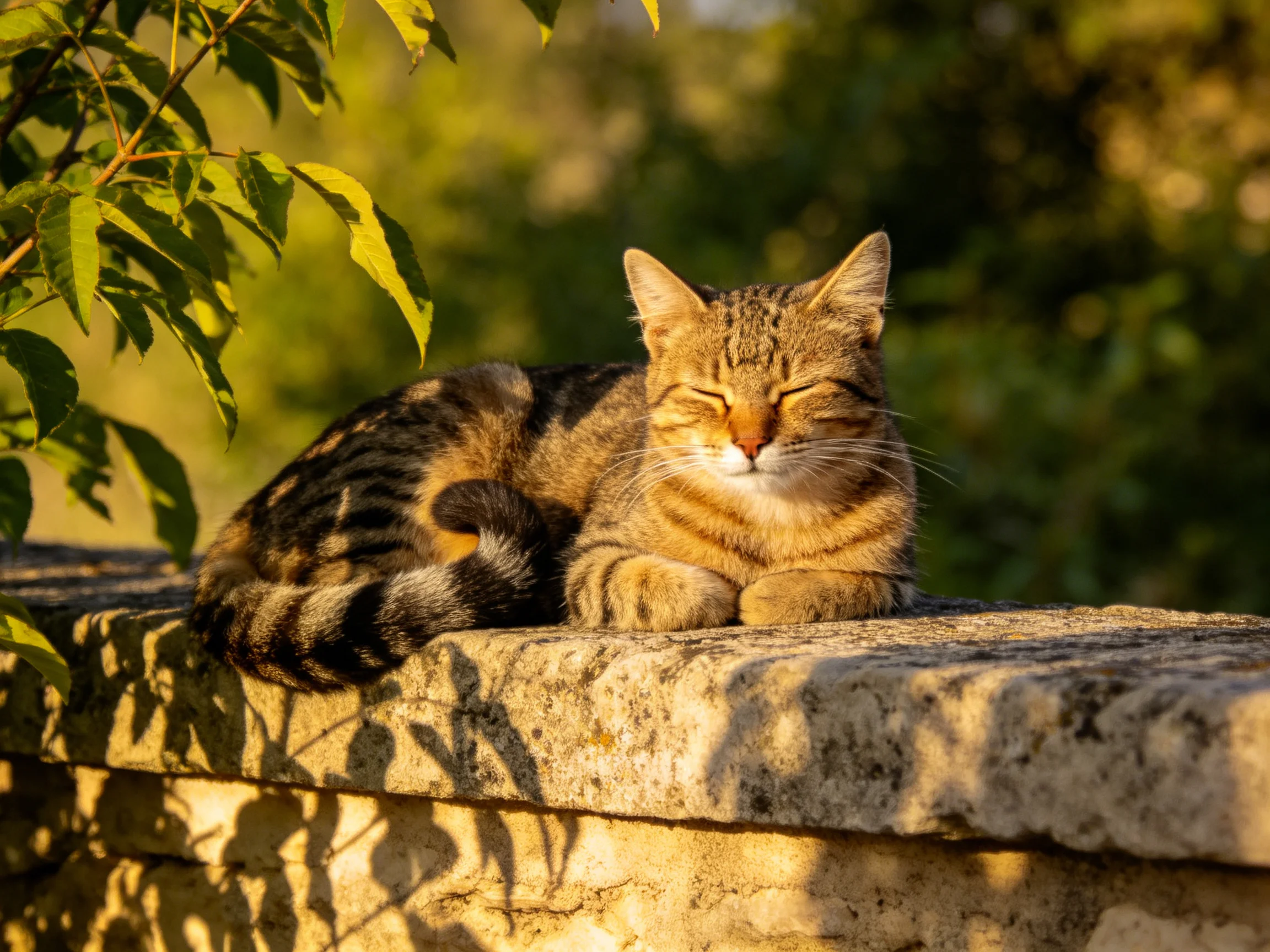 A content tabby cat lounging on a weathered stone ledge under warm sunlight