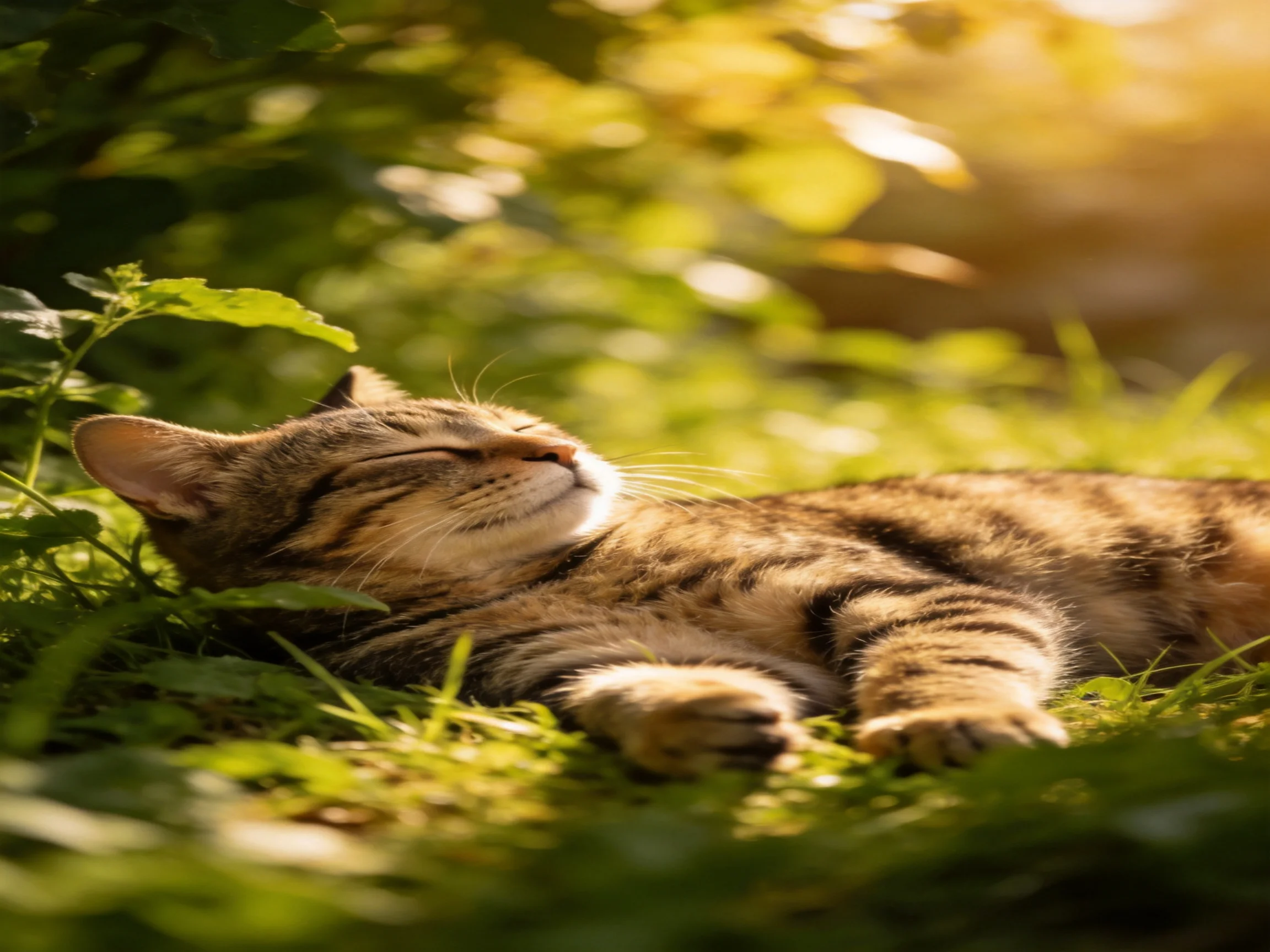 A content tabby cat napping in sun-dappled greenery