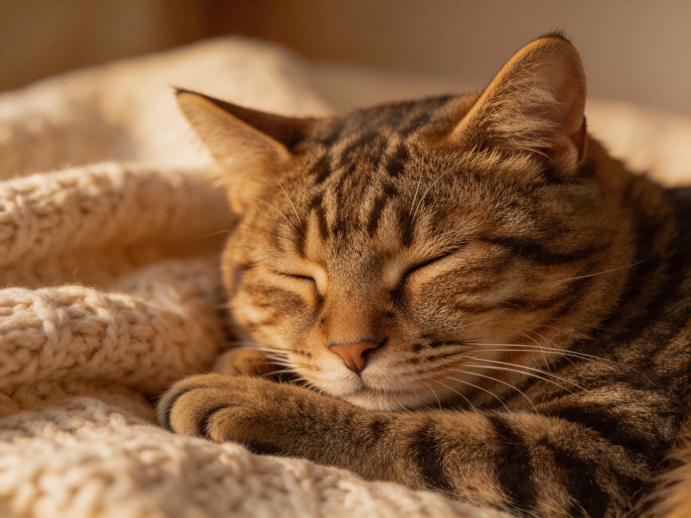 A content tabby cat napping on a soft cream - colored blanket