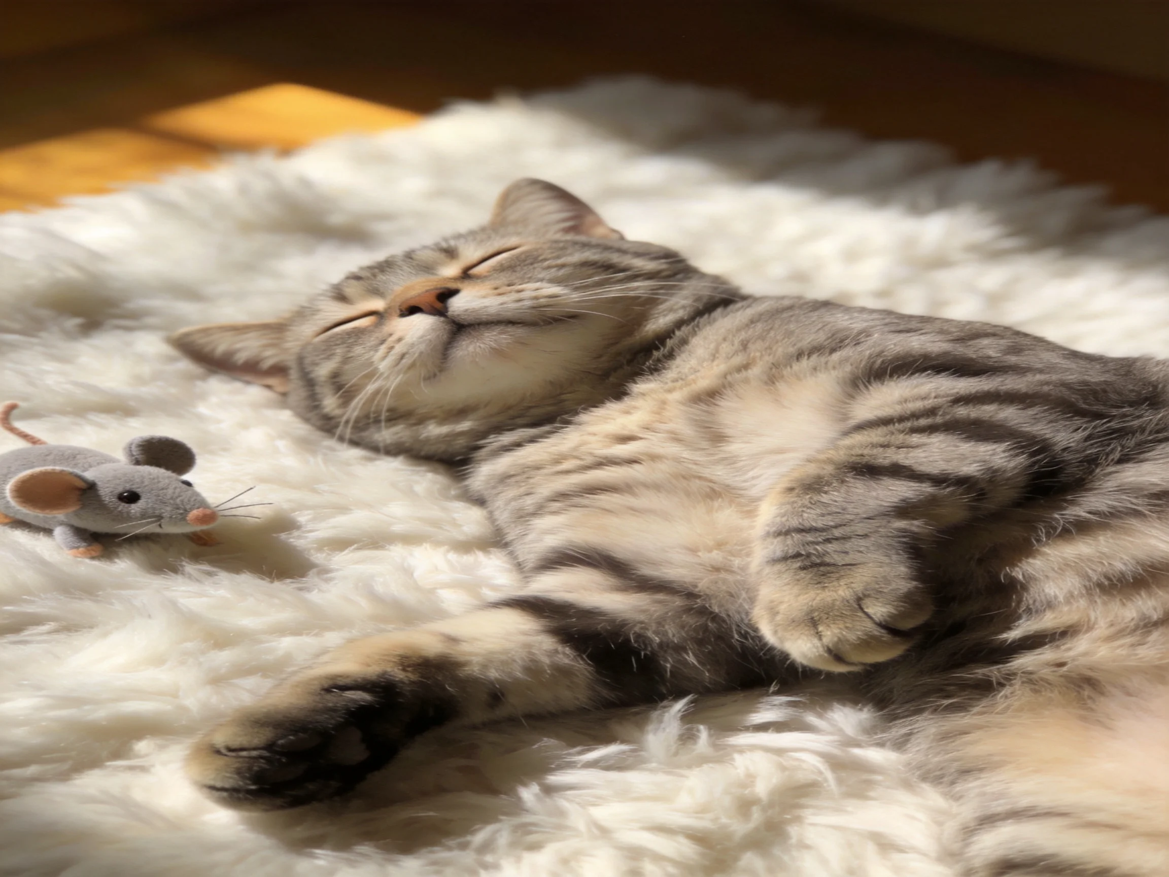 A content tabby cat naps beside a small gray plush mouse on a fluffy white rug
