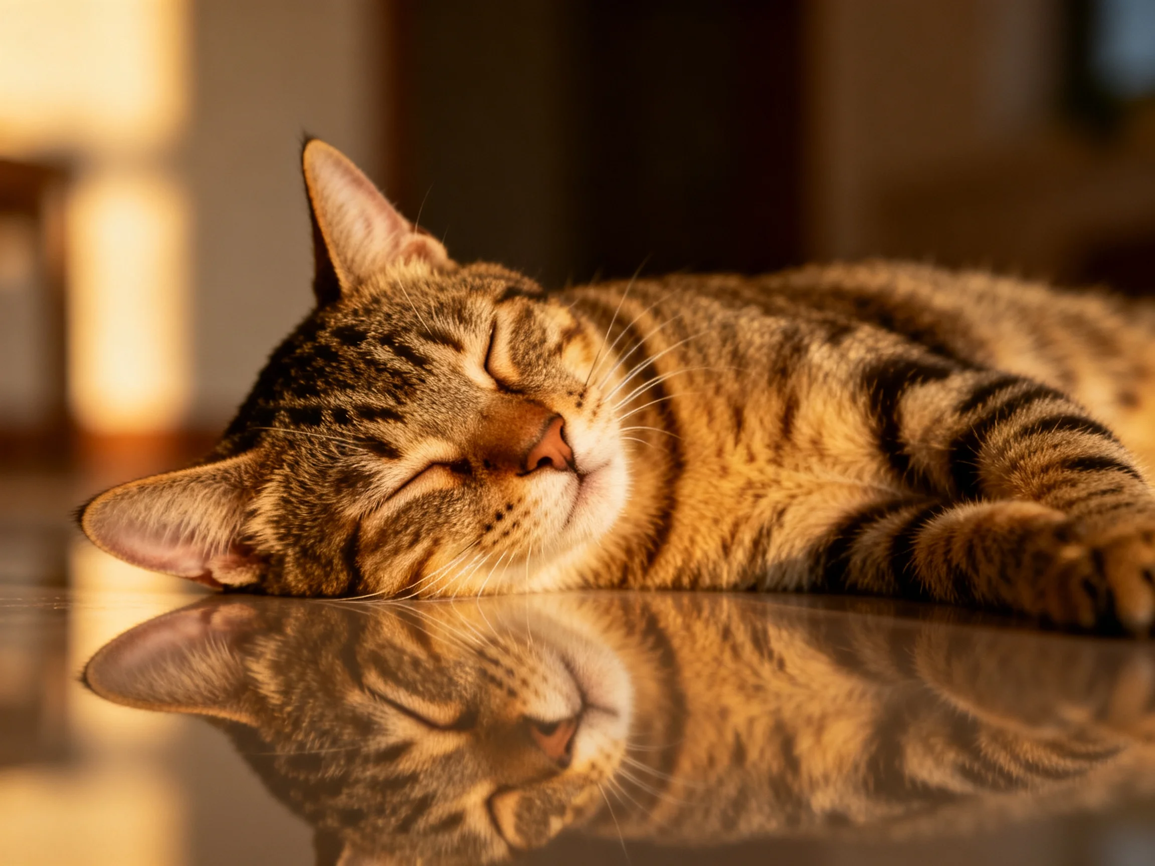 A content tabby cat naps on a glossy reflective surface with warm lighting
