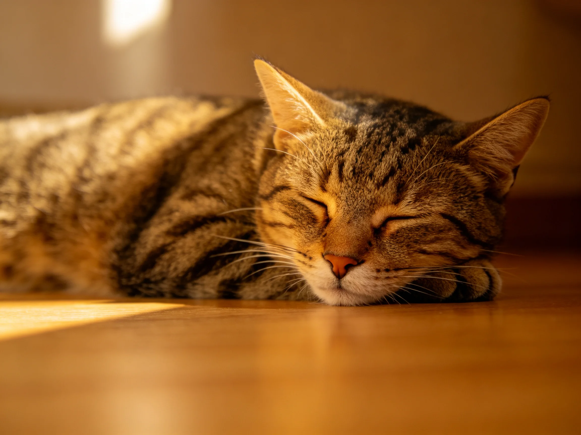 A content tabby cat naps on a polished wooden floor in warm sunlight