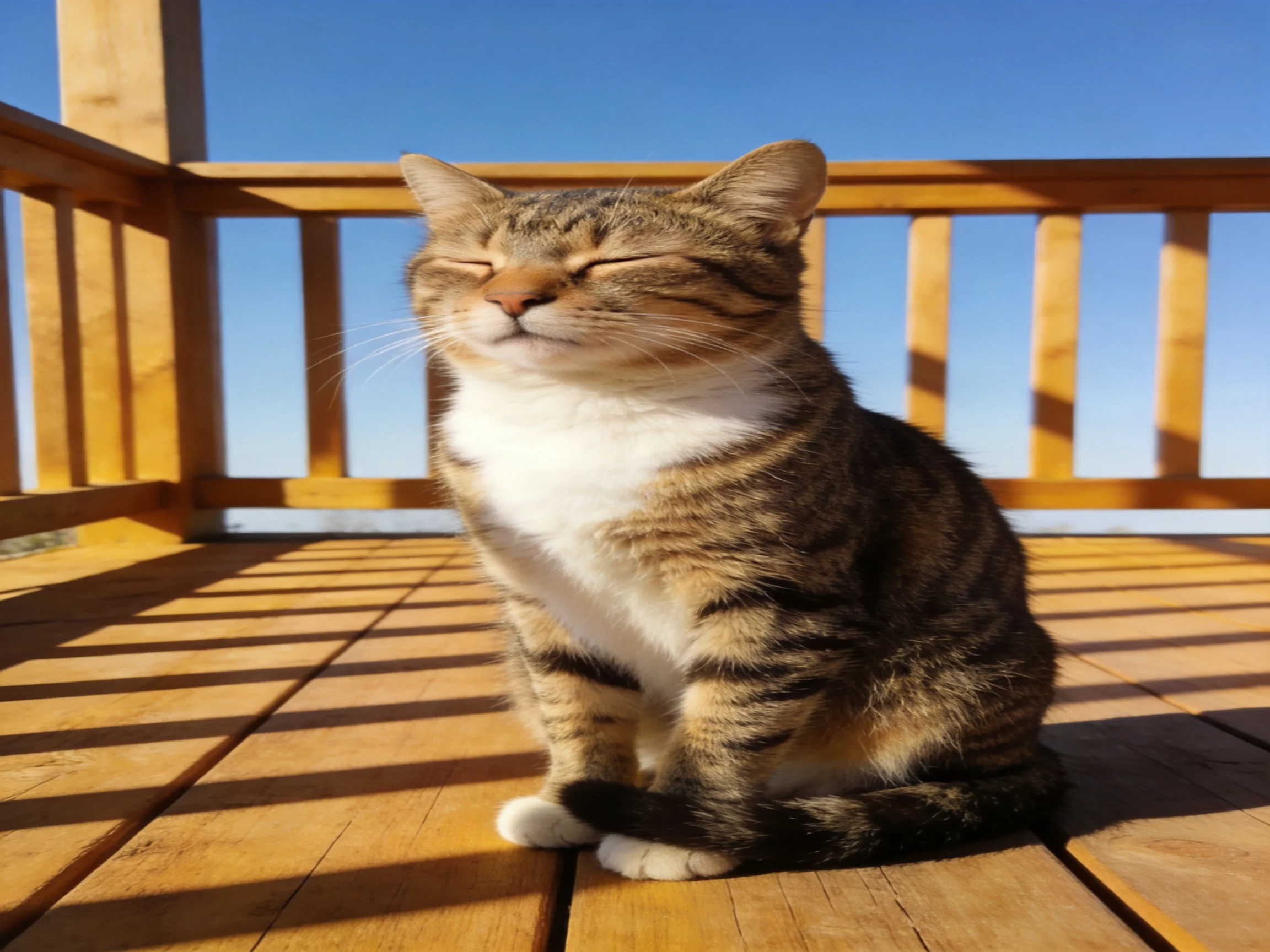 A content tabby cat relaxes on a sunlit wooden deck