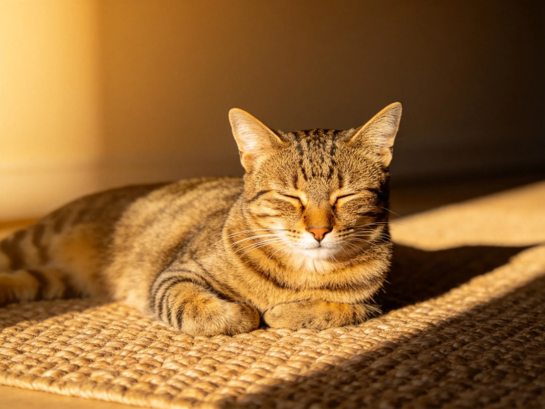 A content tabby cat relaxing in golden sunlight on a woven mat