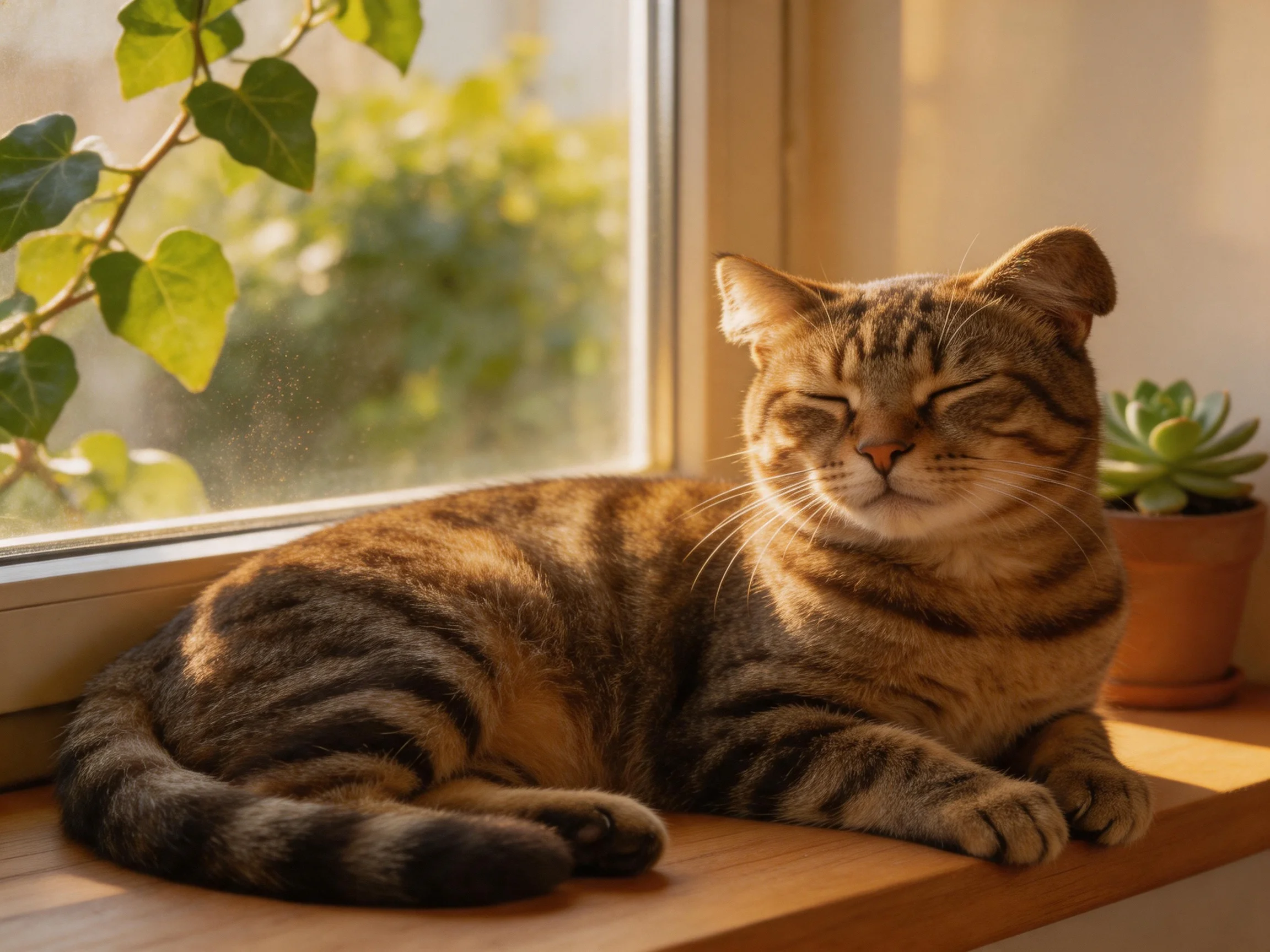 A content tabby cat relaxing on a sunlit windowsill beside potted plants