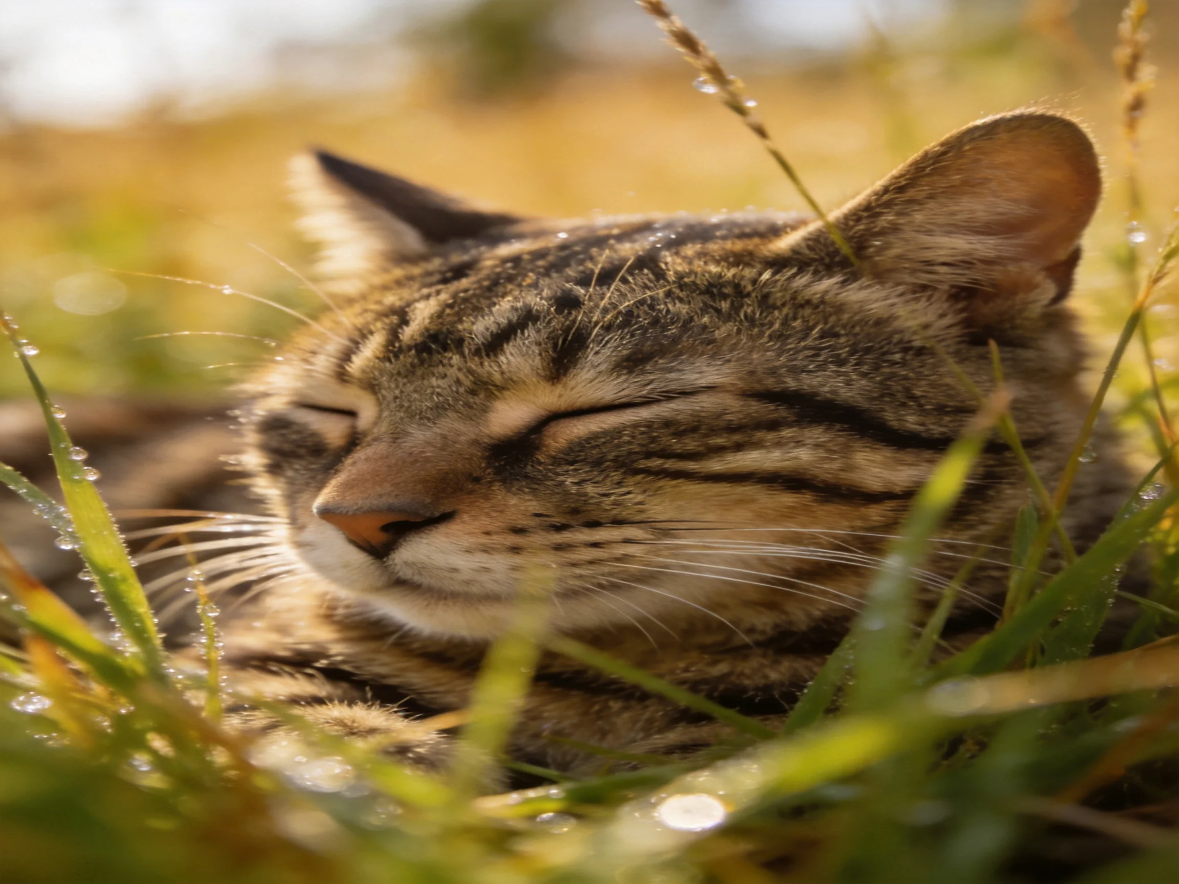 A content tabby cat resting in dew-draped golden grass