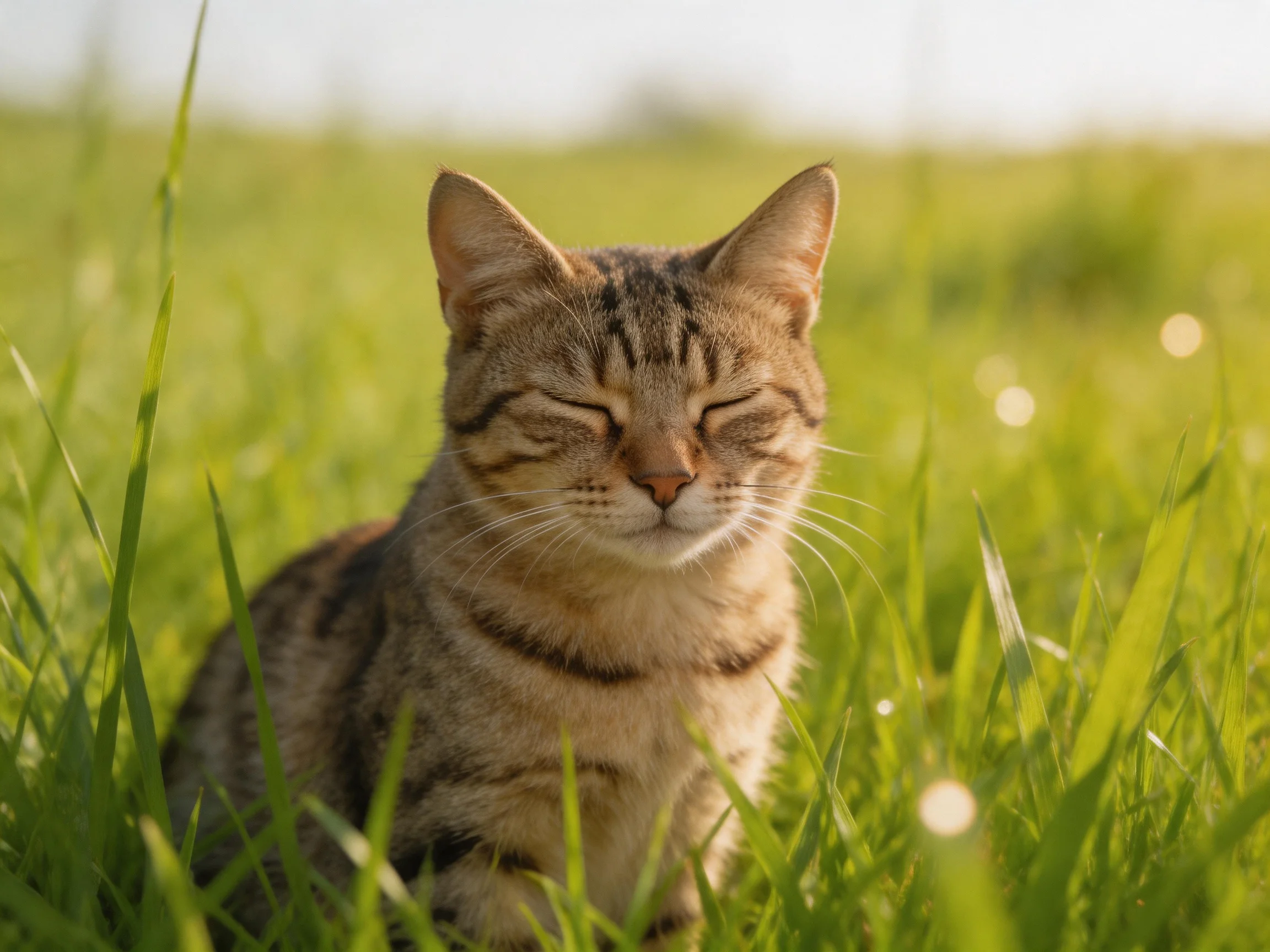 A content tabby cat resting in lush green grass