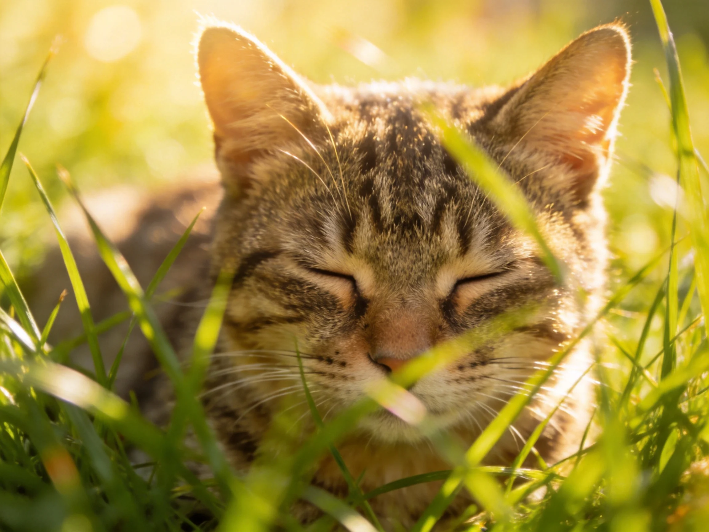 A content tabby cat resting in sunlit green grass
