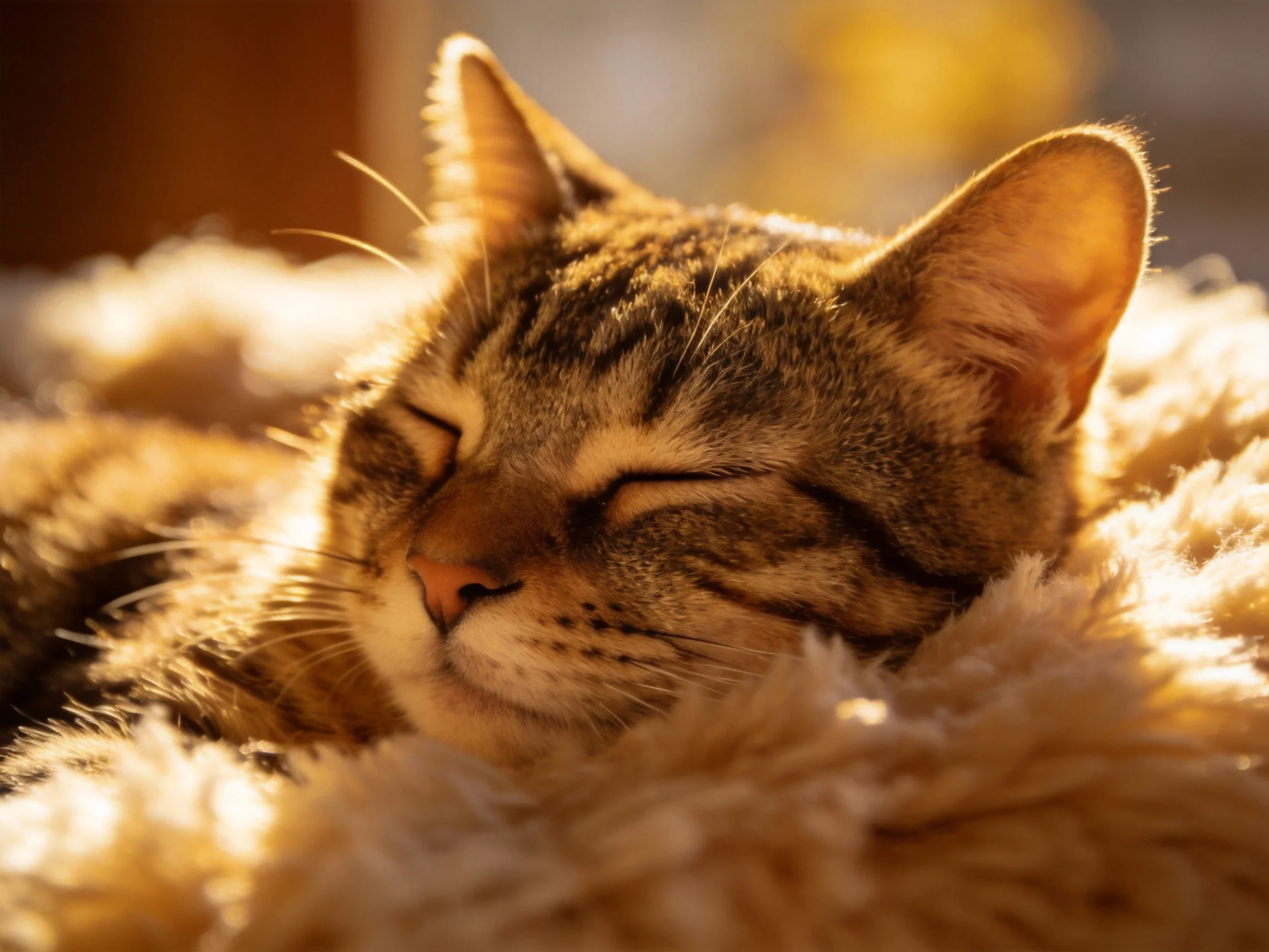 A content tabby cat resting on a fluffy cream blanket in warm sunlight