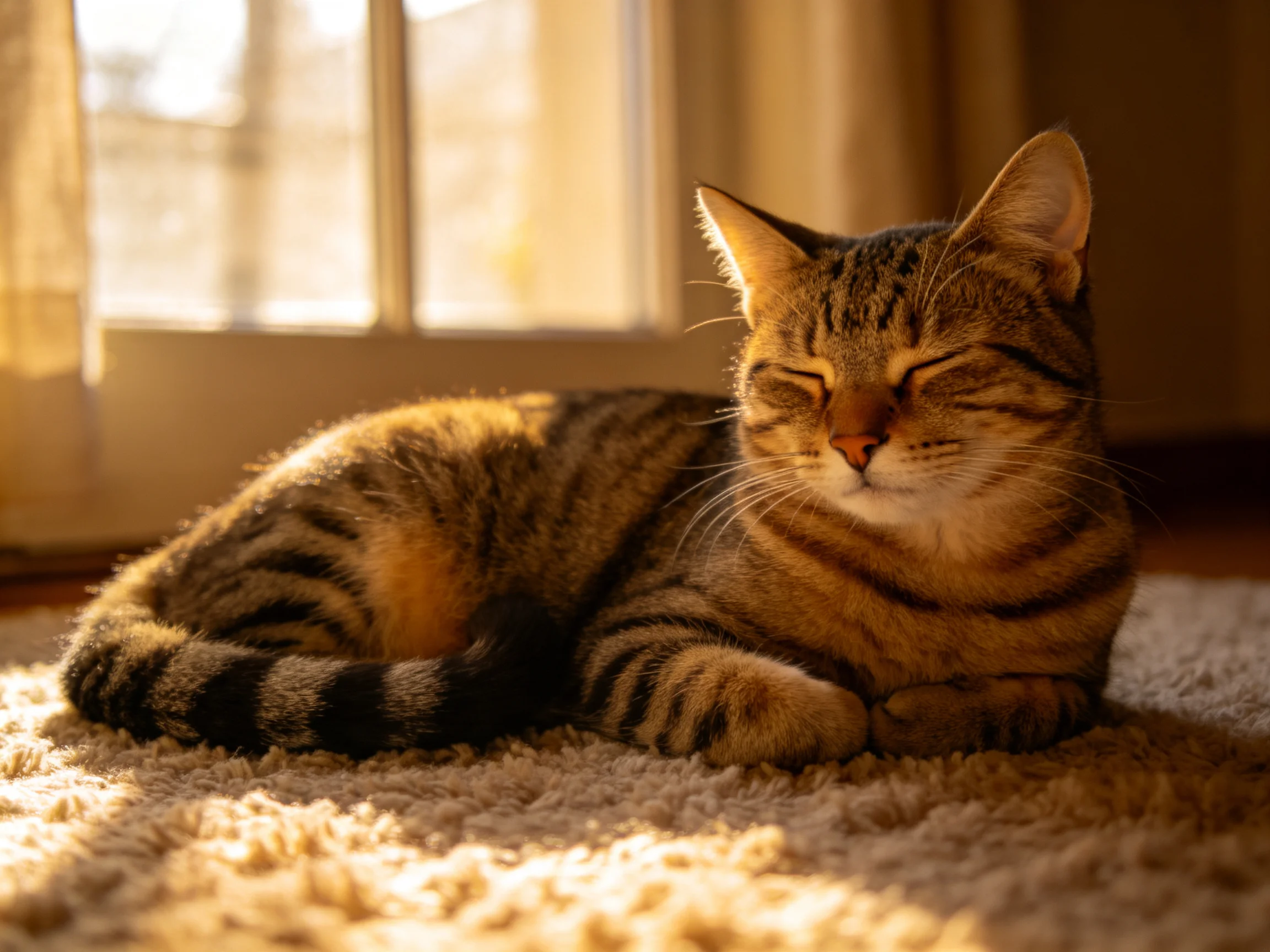 A content tabby cat resting on a plush carpet near sunlit windows