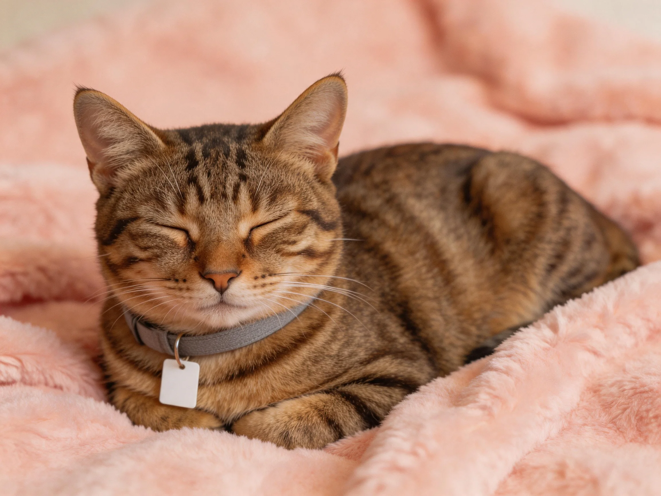 A content tabby cat resting on a plush pink blanket