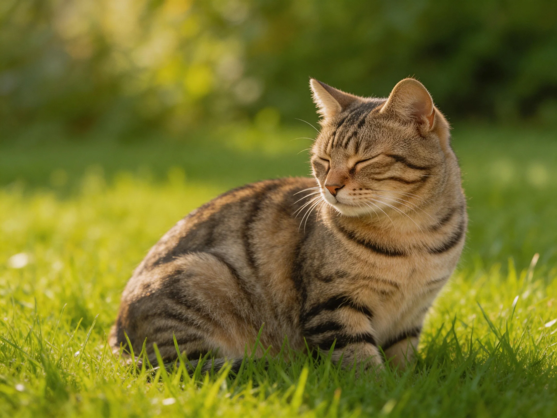 A content tabby cat resting on lush green grass in soft sunlight